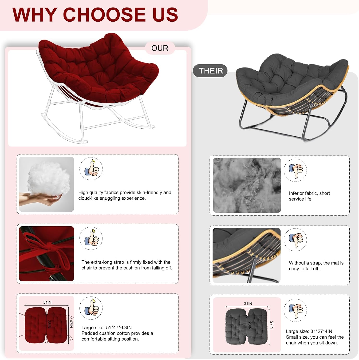 Outdoor Rocking Chair Cushion – Waterproof Wicker Egg Chair Replacement Pad, Thick Papasan Seat Cushion with Ties for Indoor & Outdoor Patio, Porch, Balcony, or Garden (Red)