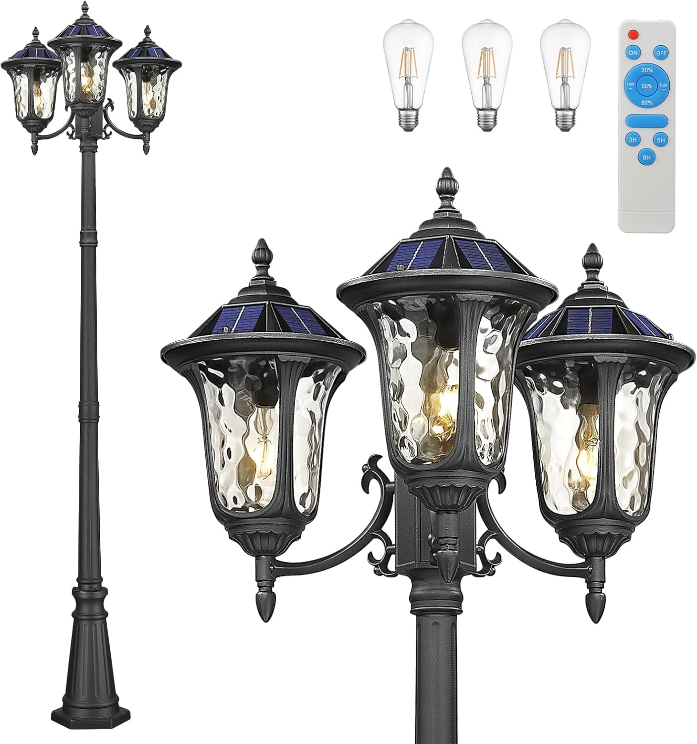 3-Head Outdoor Solar Lamp Post Lights with High Posts, Dusk to Dawn Remote Control Waterproof Exterior Pillar Lantern 3 Lighting Mode Hardwired Street Light for Garden Walkway