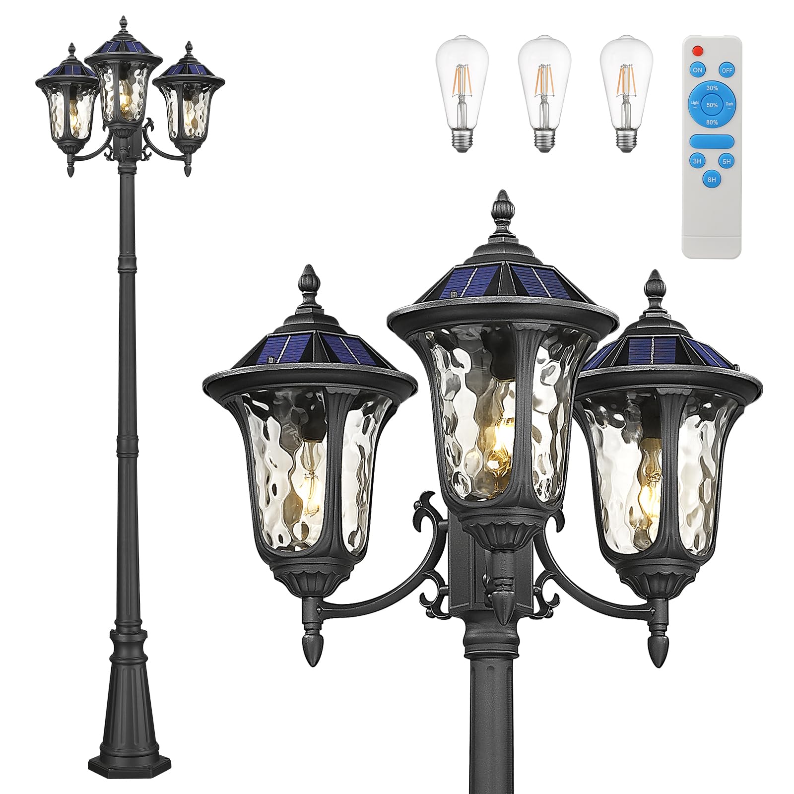 Photo 1 of Luminzone 3-Head Outdoor Solar Lamp Post Lights with High Posts, Dusk to Dawn Remote Control Waterproof Exterior Pillar Lantern 3 Lighting Mode Modern Street Light for Garden Walkway