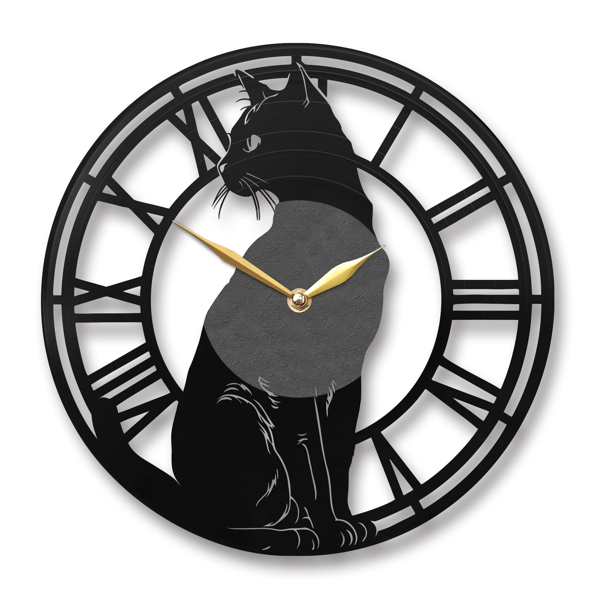 Horloge murale chat noir en disque vinyle pour décorer un salon moderne