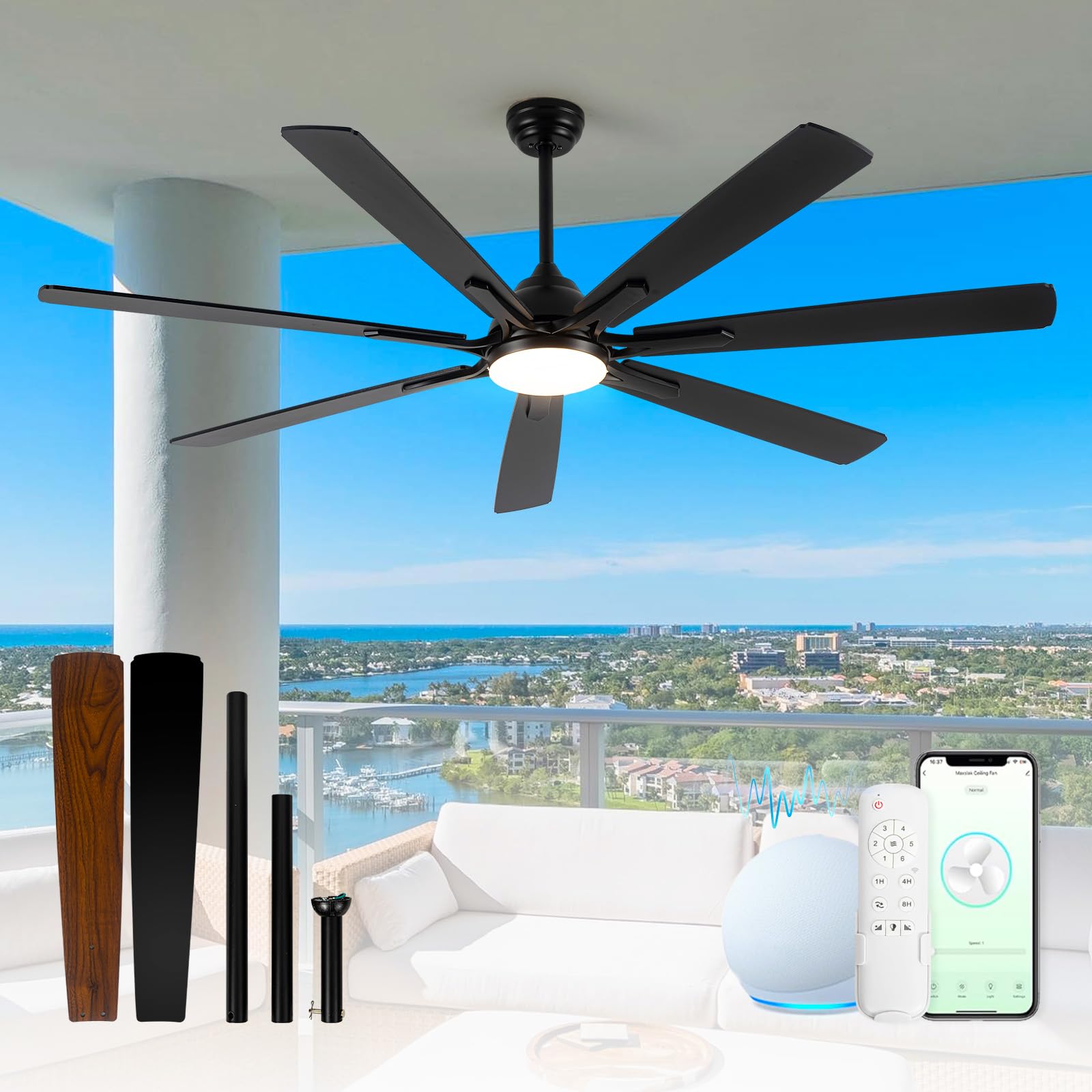 Maxslak 72" Large Smart Ceiling Fan with Light Remote Control via WIFI Alexa,6-Speeds Quiet DC Motor,Dimmable,Indoor Outdoor Black ceiling fan for Living Room,Patio,Dual Finish 7 Blades