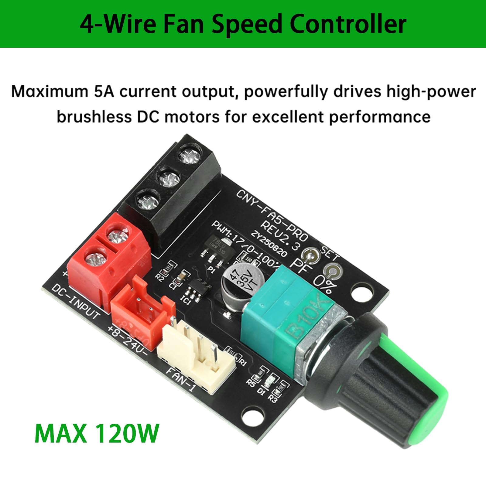 Aideepen Regolatore di ventola PWM a 4 pin, 12 V, 2 pezzi, DC 8-24 V, 5 A, 120 W (max), 4 fili, controller di velocità per motori senza spazzole