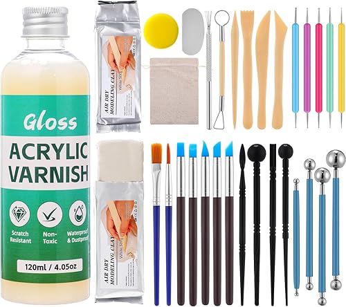 Arcilla seca al aire de 2.2 libras para adultos con barniz brillante y 26 piezas de herramientas de esculpir, color blanco, natural, para modelar,