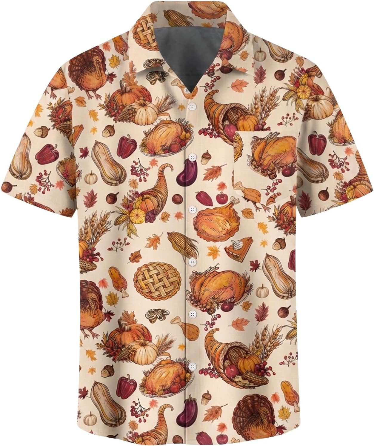 Mens Thanksgiving Shirts Fall Turkey Print Hawaiian Button Up Shirt