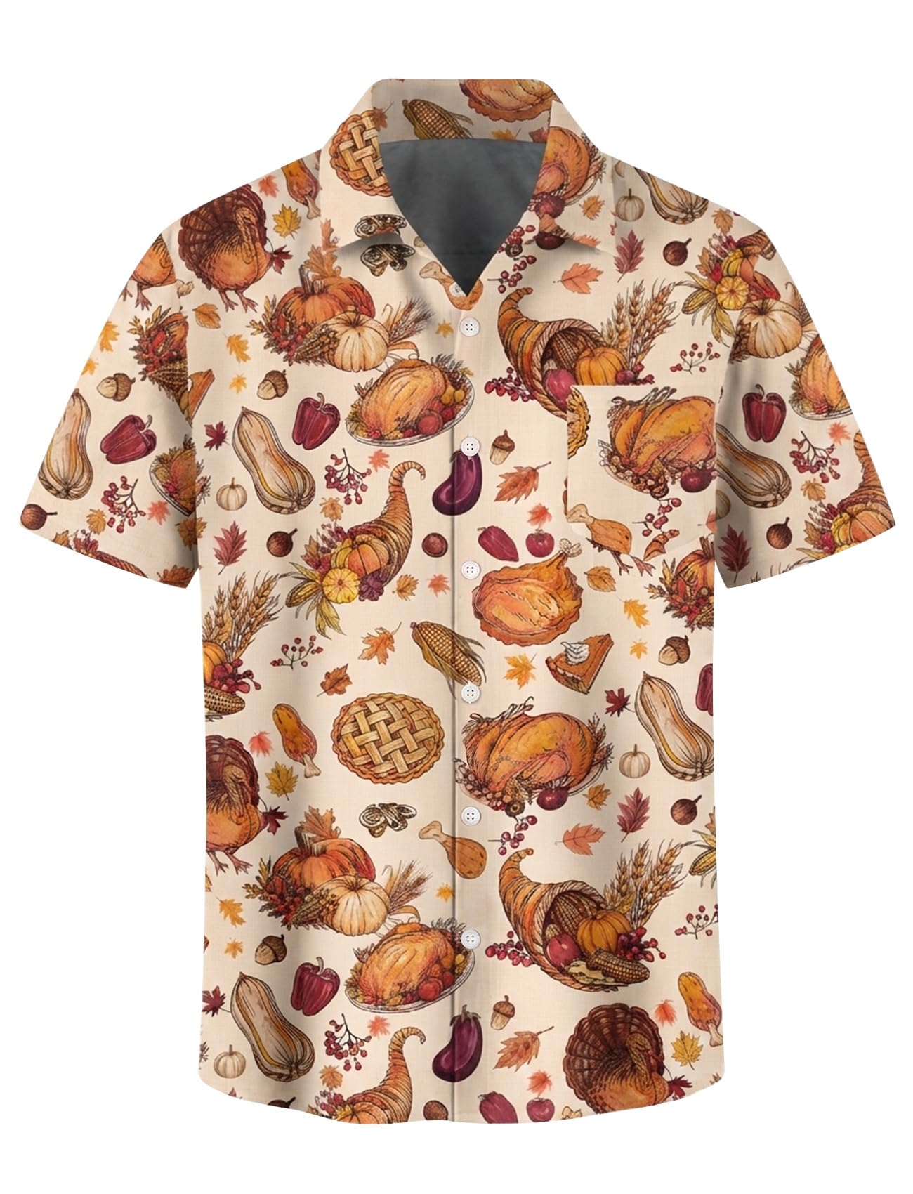 Mens Thanksgiving Shirts Fall Turkey Print Hawaiian Button Up Shirt