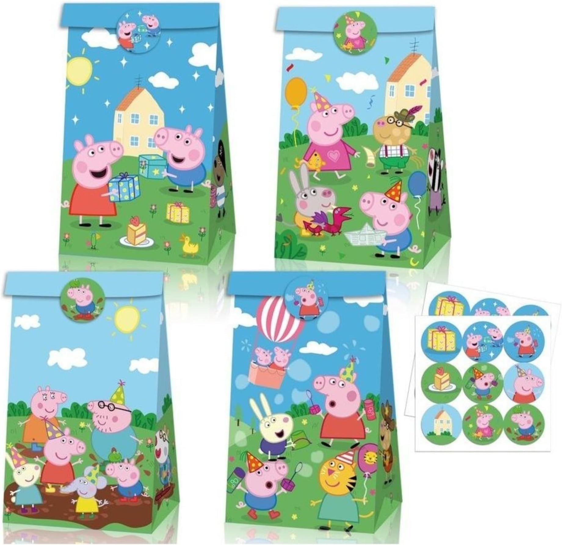 HIGHLAND 12 Pcs Peppa Pig Gift Bags with Sealing Stickers โ Peppapig Birthday Party Supplies โ Peppa Party Favour Goody Bags Return Gift Candy Bags for kids โ Kidโs Party Decorations