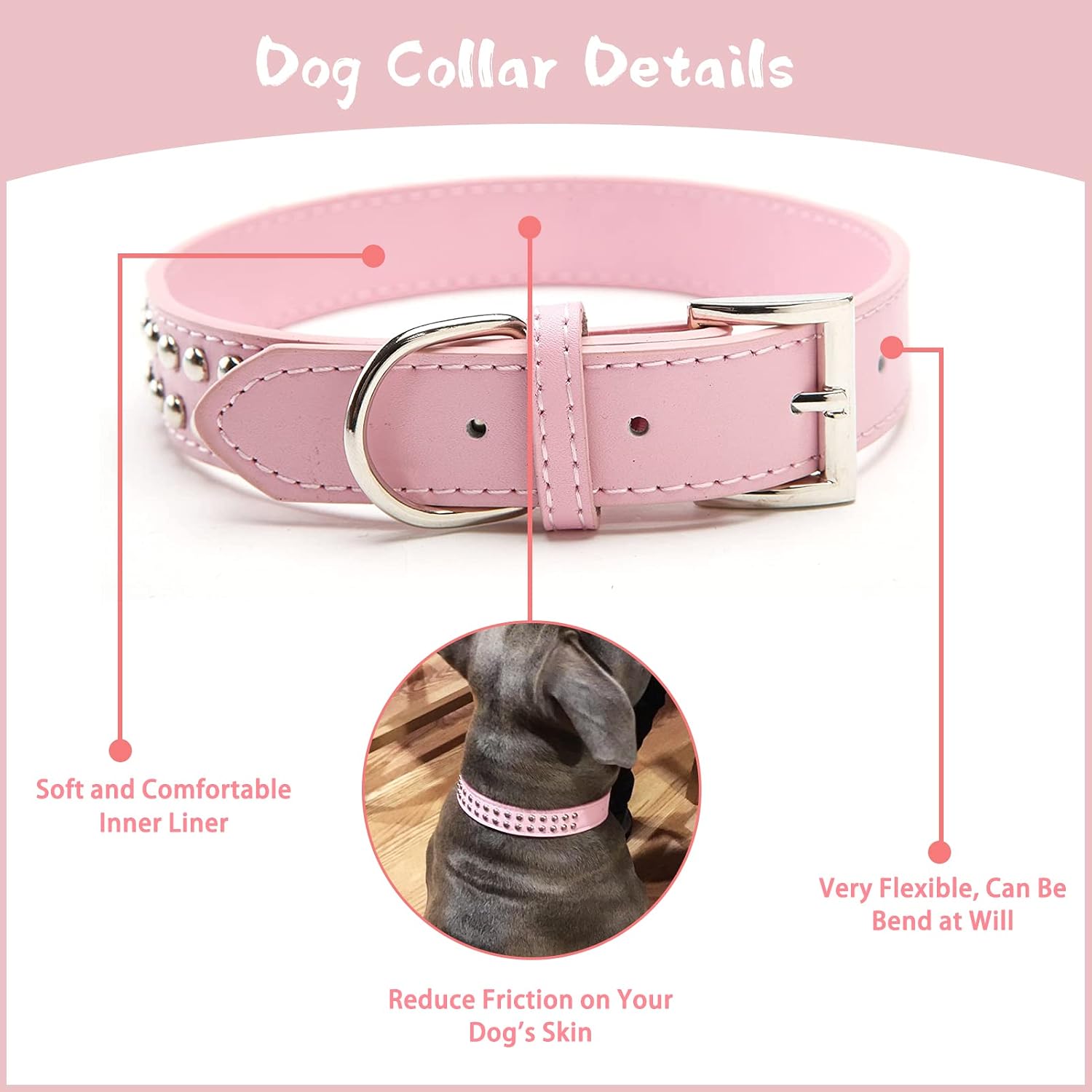 BINGPET BA2006 Adjustable Dog Real Split Leather Studded Pet Dog Collar, Durable Doggy Collars for Small Medium Large Dogs - Pink M
