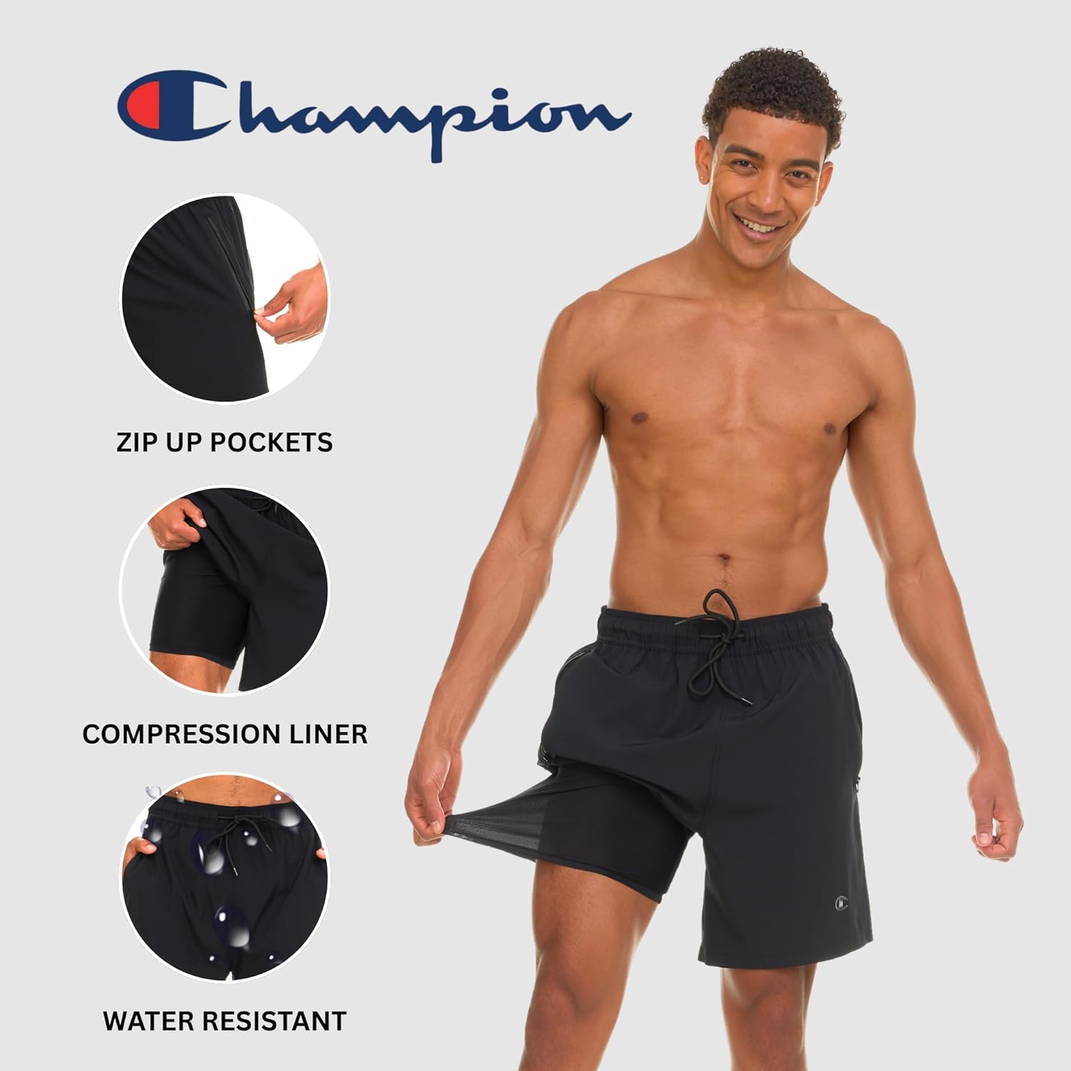 Champion Mens Swim Trunks with Compression Liner, 2 in 1 Mens Bathing Suit Shorts, 7 Inch Inseam Board Shorts for Swimming