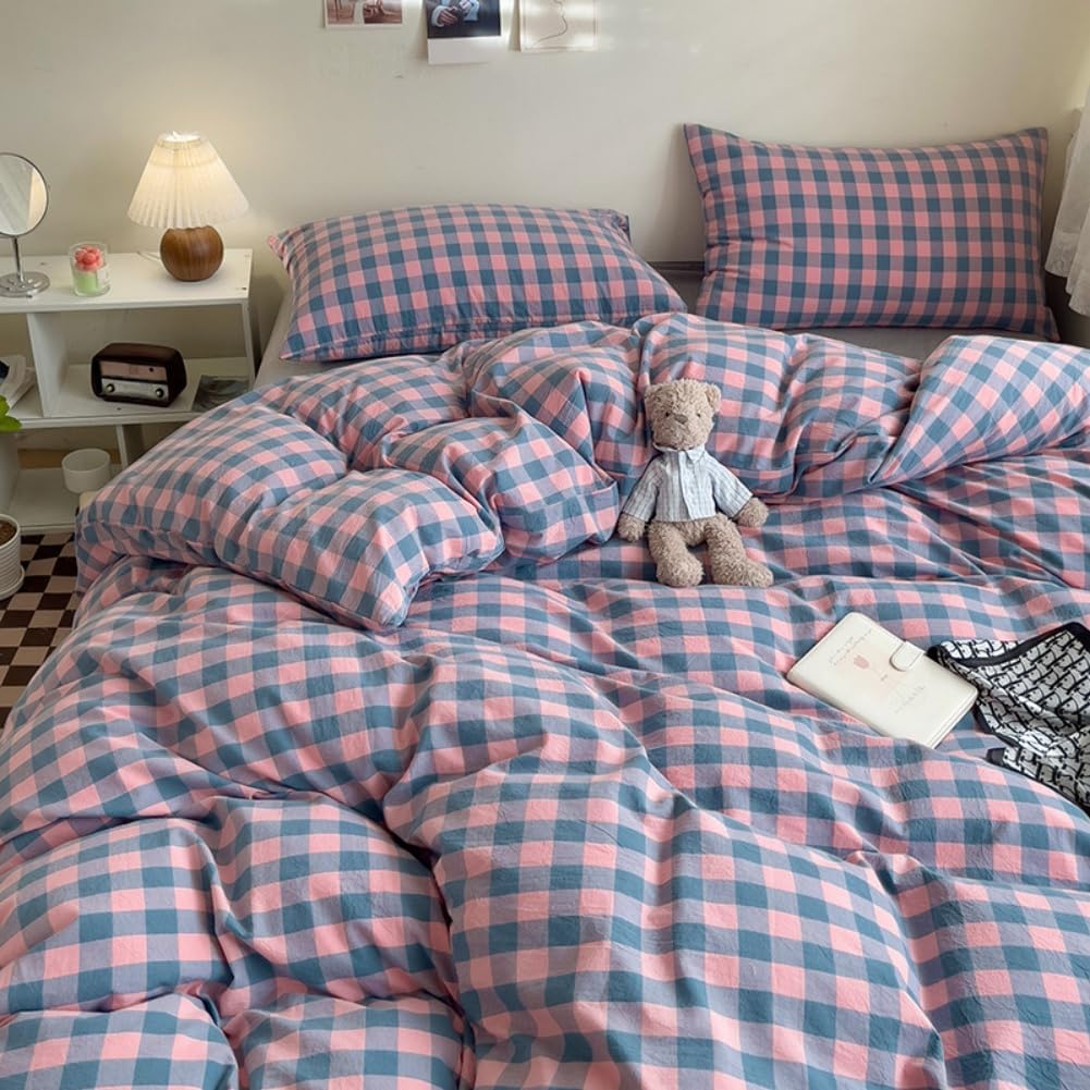 DONUES Plaid Duvet Cover Set Queen Size Bedding Set 100% Washed Cotton Reversible Purple Pink Grid Checkered Duvet Cover with 2 Pillowcases(Queen 90"x90", Comforter Not Included) image 2