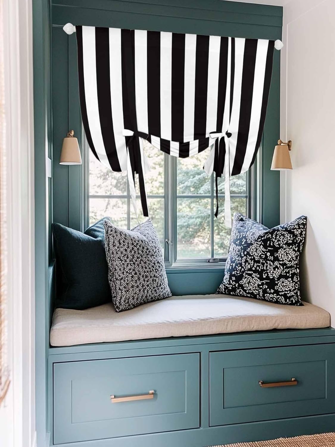 Tie Up Curtain for Windows, Black and White Stripes Balloon Rod Pocket Curtains Adjustable Tie-up Shade Valance for Kitchen, Modern Geometric Art Window Treatment 1 Panel 42x45in