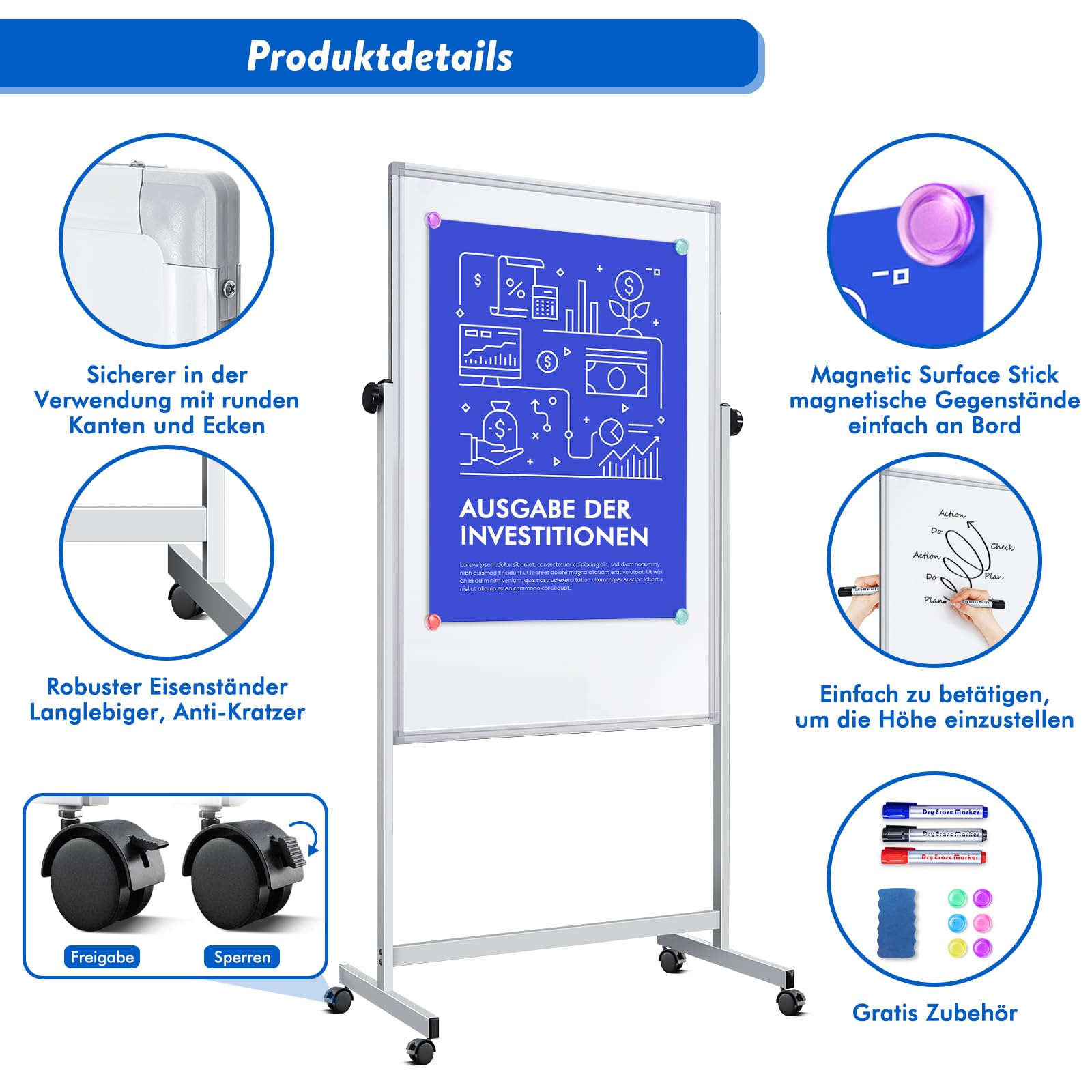 maxtek Lavagna mobile regolabile in altezza, 120 x 80 cm, lavagna magnetica su entrambi i lati con supporto, lavagnetta a secco, per ufficio, classe e casa