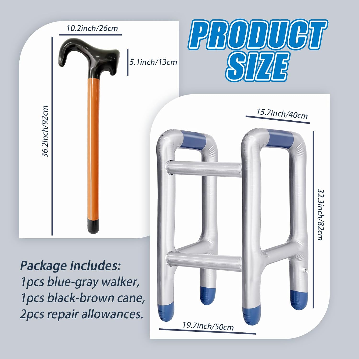 2Pcs Inflatable Walker and Cane,Funny Old Age Costume Accessories,Fake Cane Blow Up Toy Cane Prop for Halloween,Christmas,Retirement Party Decorations
