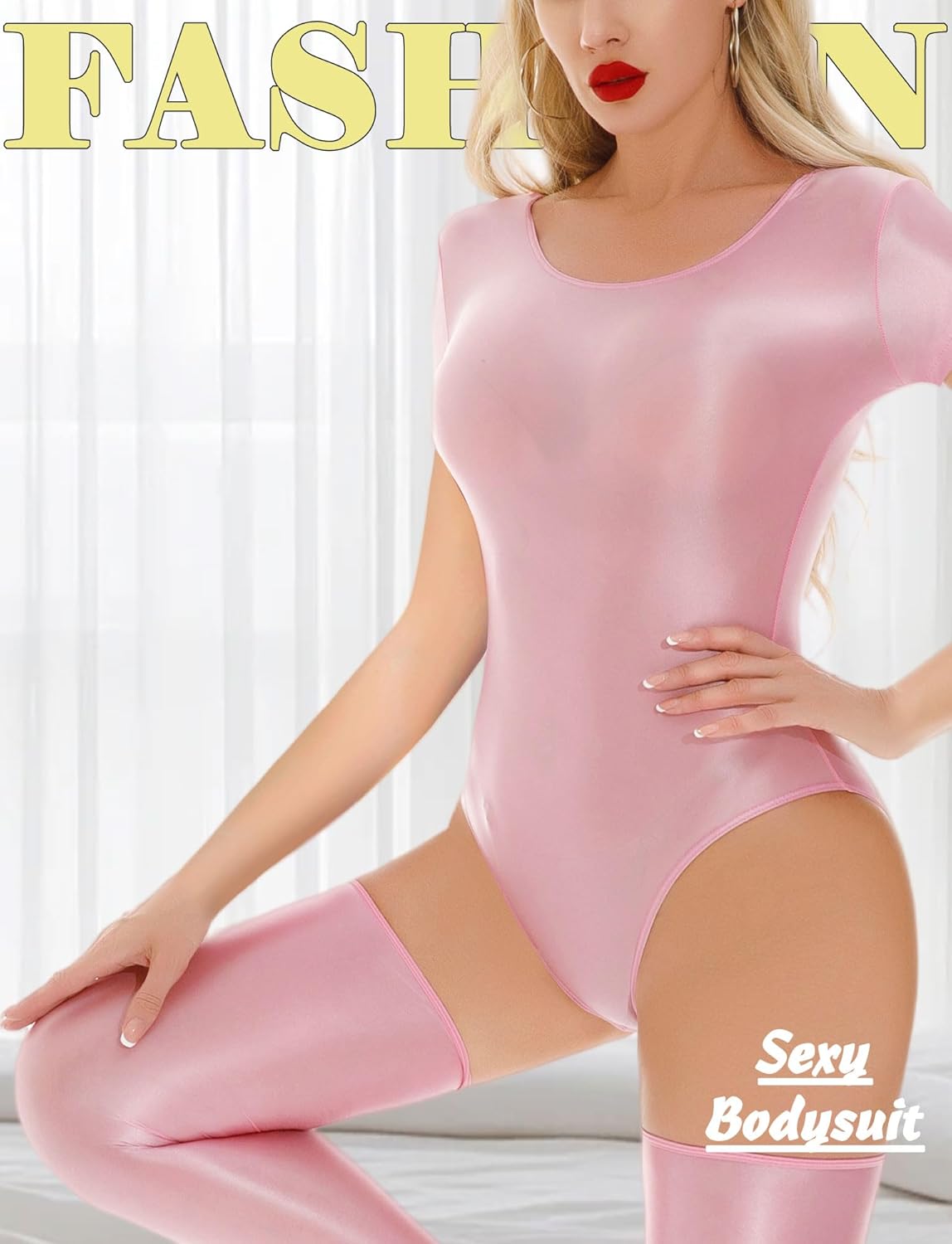 FEOYA Womens Shiny Oil Glossy Short Sleeve Jumpsuit Stretchy Metallic Bodysuit Dance Leotard - Image 3