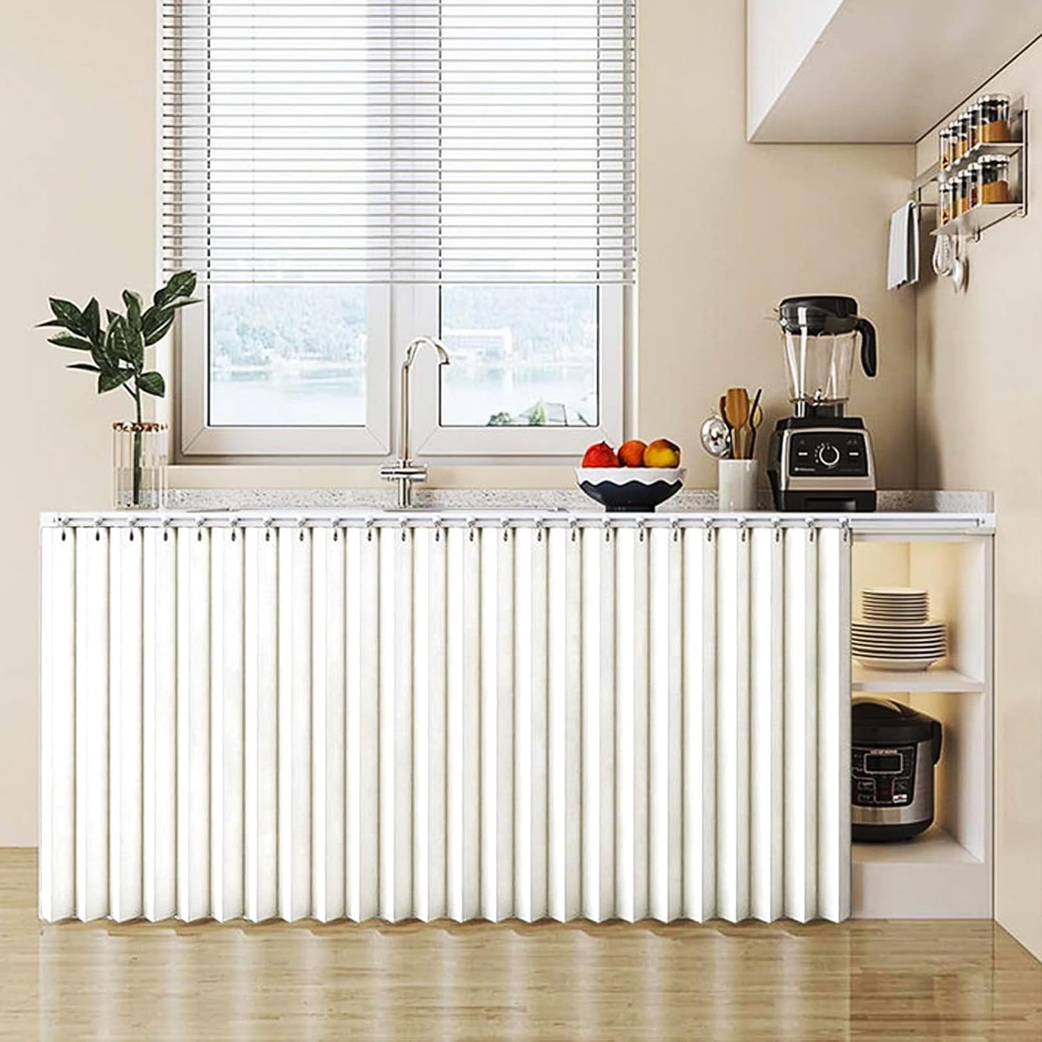Cortinas plegables personalizables blancas de 150x70 cm para dar privacidad a tu cocina.