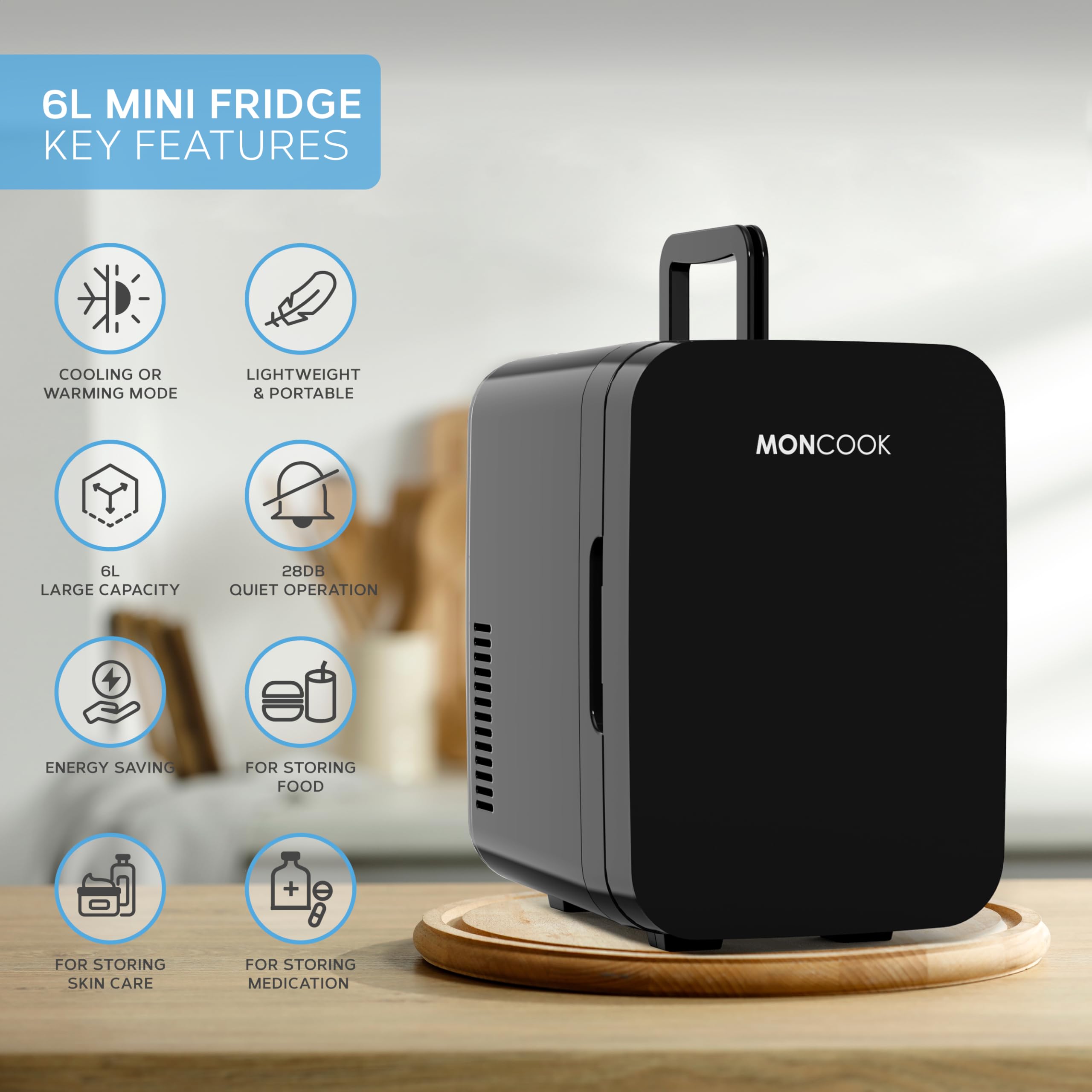 MONCOOK Mini Frigorifero - Piccolo, Portatile E Silenzioso - Minifrigo Con Porta In Vetro Per Cosmetici, Cibo E Bevande - Raffredda E Riscalda - Perfetto Per Casa, Ufficio O I Viaggi - 6L - Nero