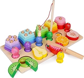 Agirlgle 3 in 1 Montessori Toys Wooden Shape Sorting & Stacking Toys Cutting Play Food Toy Fishing Game ，Color Shape Sorter Puzzles Educational Learning Toy Fine Motor Skills Geometric Stacker Blocks