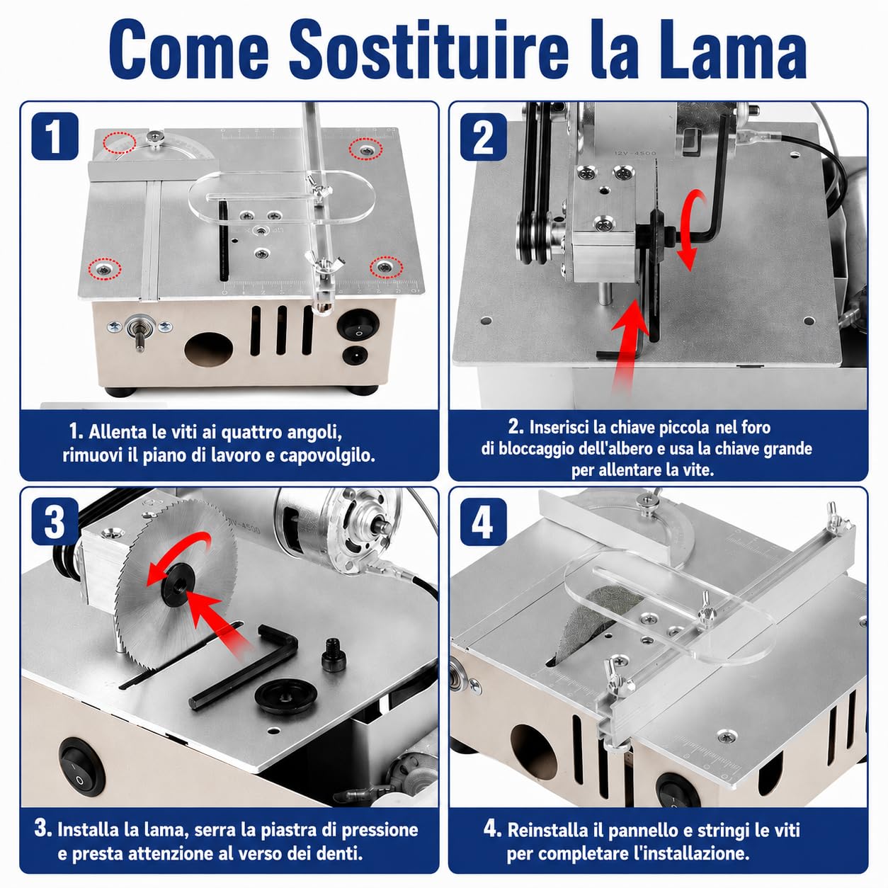 VOBOR Mini Sega Circolare da Tavolo con Disco per Lucidatura e 4 Lame, Altezza Regolabile, Alimentatore a 7 Marce, Lama per Sega da 0,1 a 15 mm, per Legno Fatto a Mano