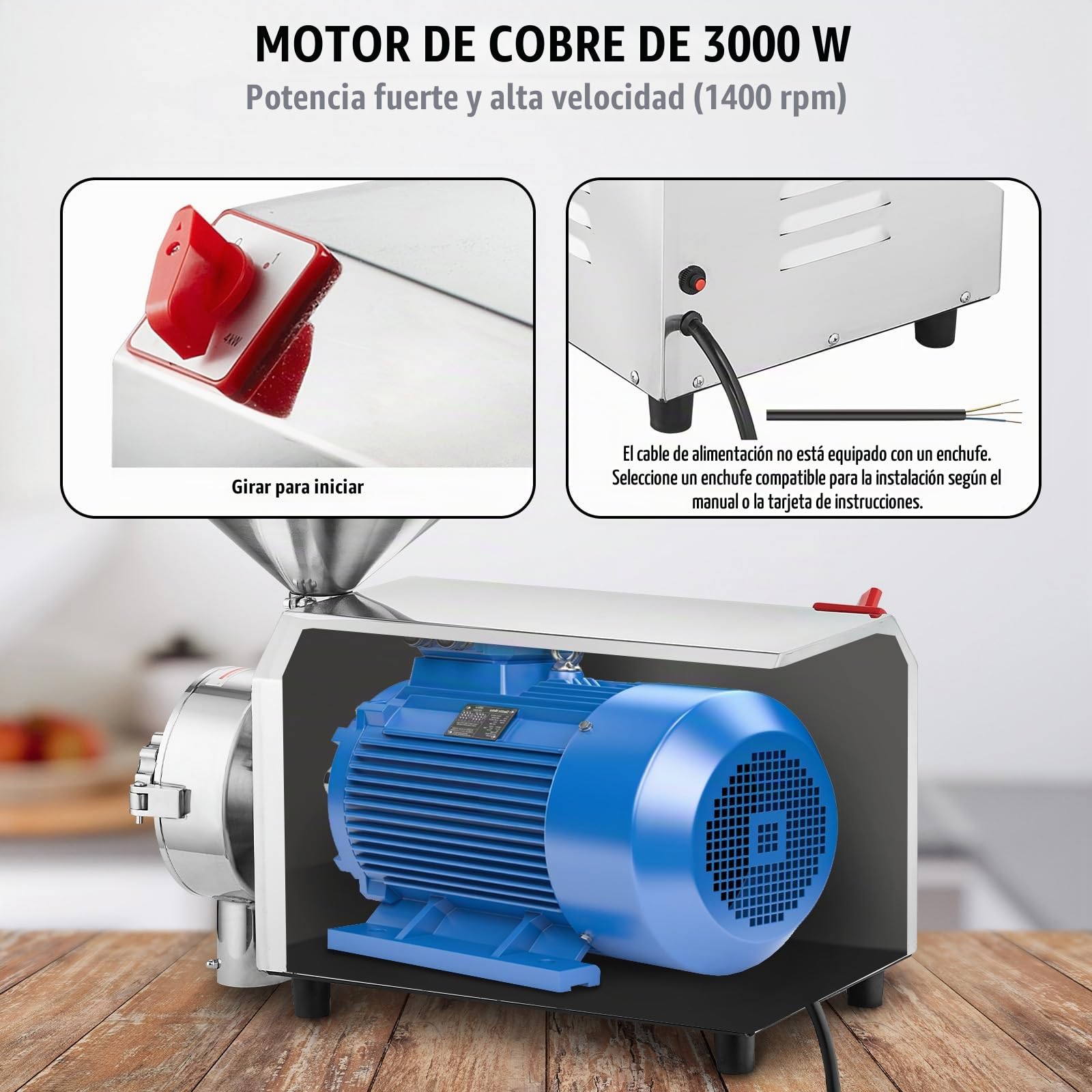 VEVOR Molinillo Eléctrico de Grano 3000 W Molinillo de Especias Comercial de Acero Inoxidable Alta Velocidad Molino de Harina de 100 kg/h para Moler Especias Hierbas Pimientos Maíz Cacahuetes