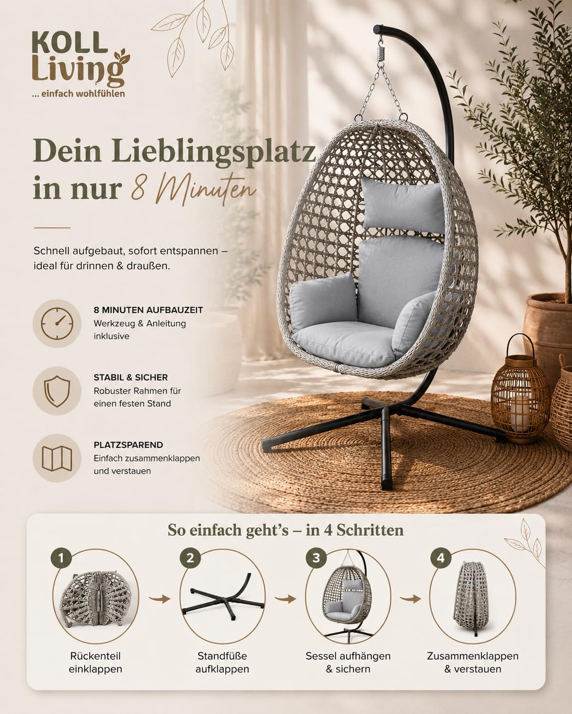 Koll Living Outdoor Hängesessel Luna | Rattanoptik Beige/Grau | Wetterfester Gartensessel mit Stahlgestell & Komfortkissen | UV-beständig & wasserabweisend | 95 x 103 x 197 cm