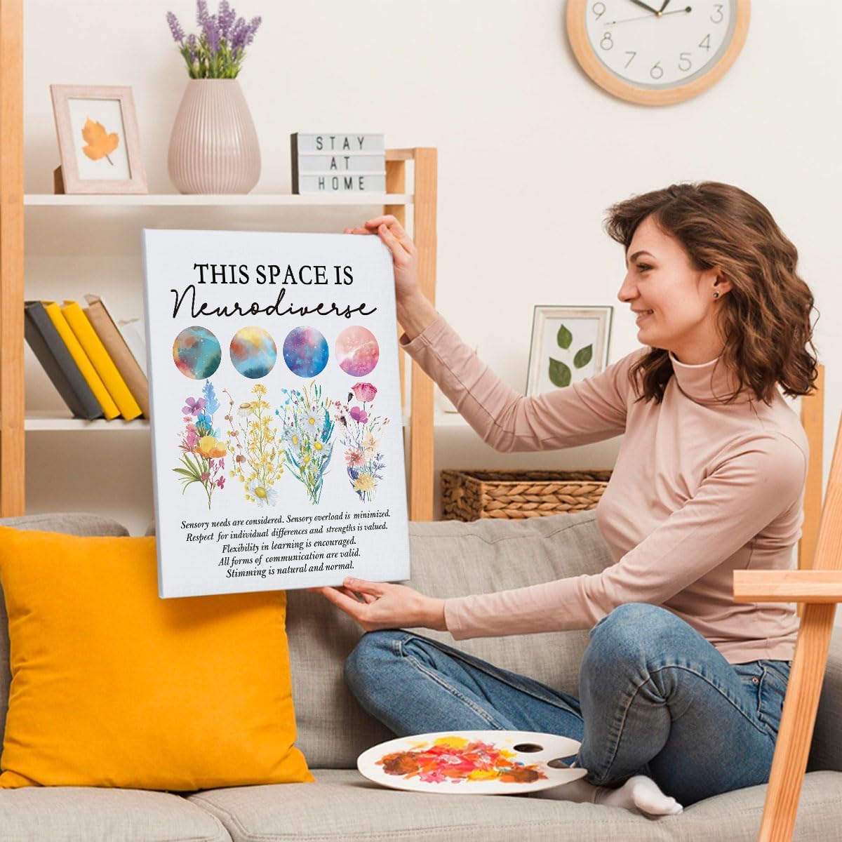This Space Is Neurodiverse Canvas Wall Art Prints Painting Decor 11×14 Inches,Neurodiversity Watercolor Flowers Universe Print Framed Artwork For Home Bedroom Living Room Therapist Counseling Office - Image 2