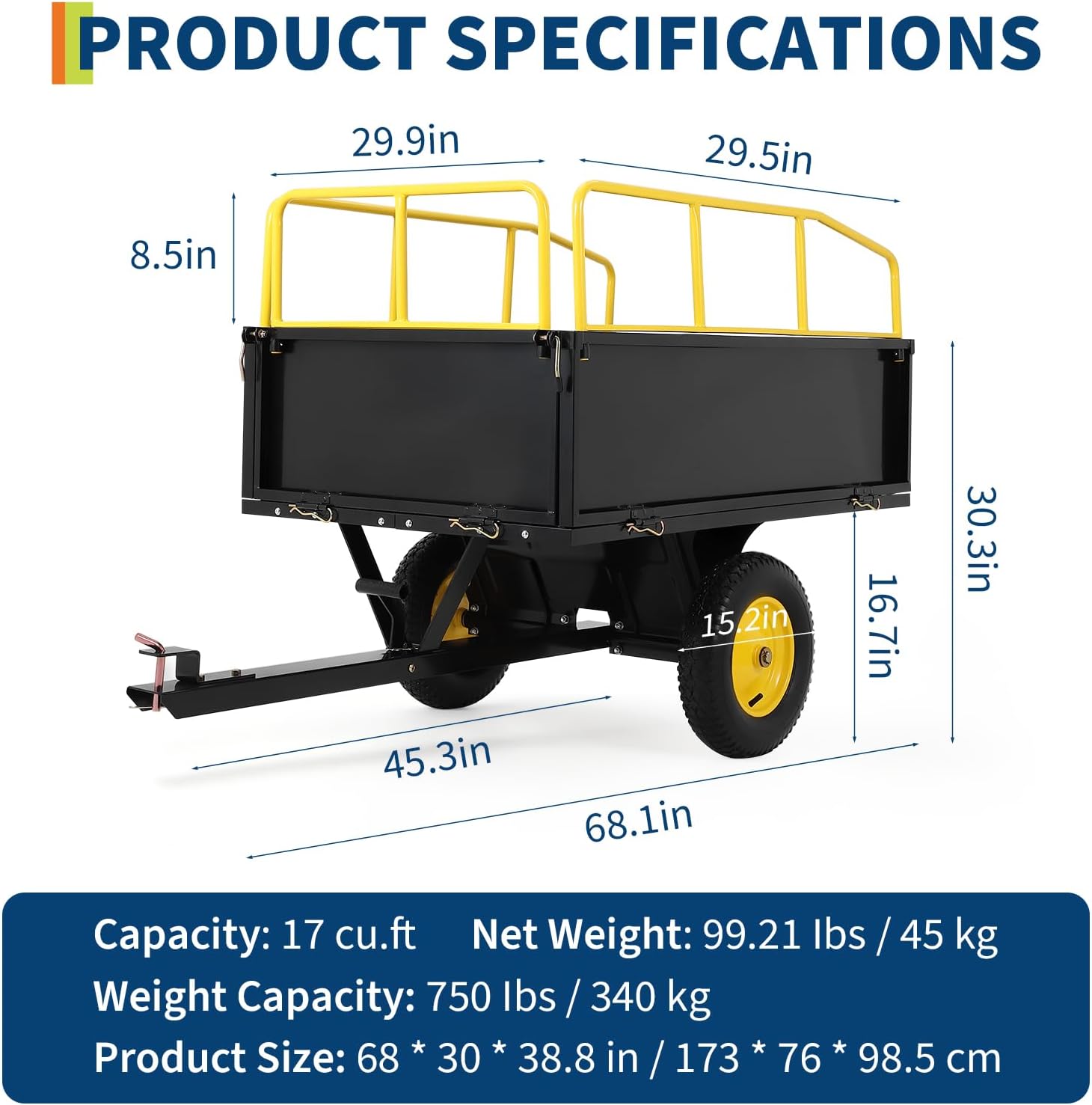 【17 Cu.Ft.丨750lbs Capacity丨Removable Sides 】 Heavy Duty ATV Trailer Tow Behind Steel Dump Cart, Yard Garden Trailer with All Terrain Tires for Lawn Mower, Tractor