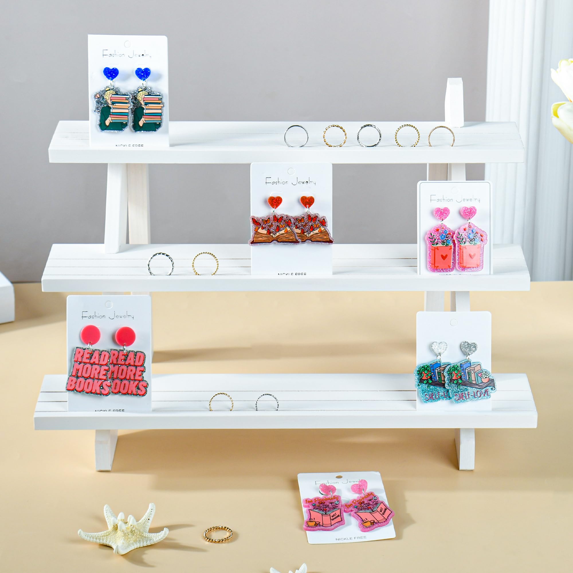 LEXFUNN Wooden Jewellery Display Rack Stand Earring Stall Stand Organizer Shelf 3/4 Tier (3 Tier - White) - Image 2