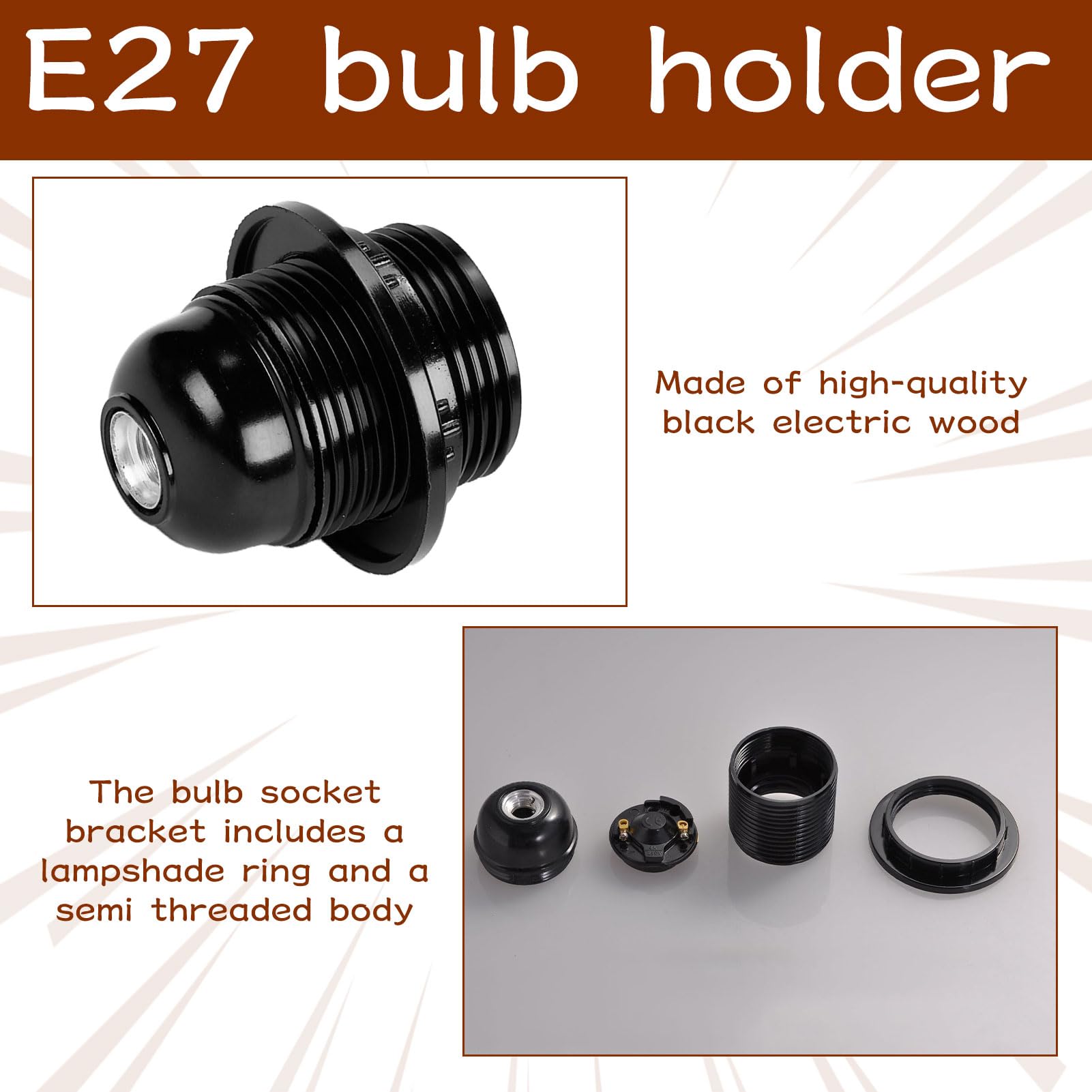 Grosion E27 Lamp Holder,Light Bulb Pendant Socket,Edison Screw ES E27 Light Fitting Bulb Holder,Table Lamp Fittings with Shade Lampshade,for Table Ceiling Pendant Light - Image 3