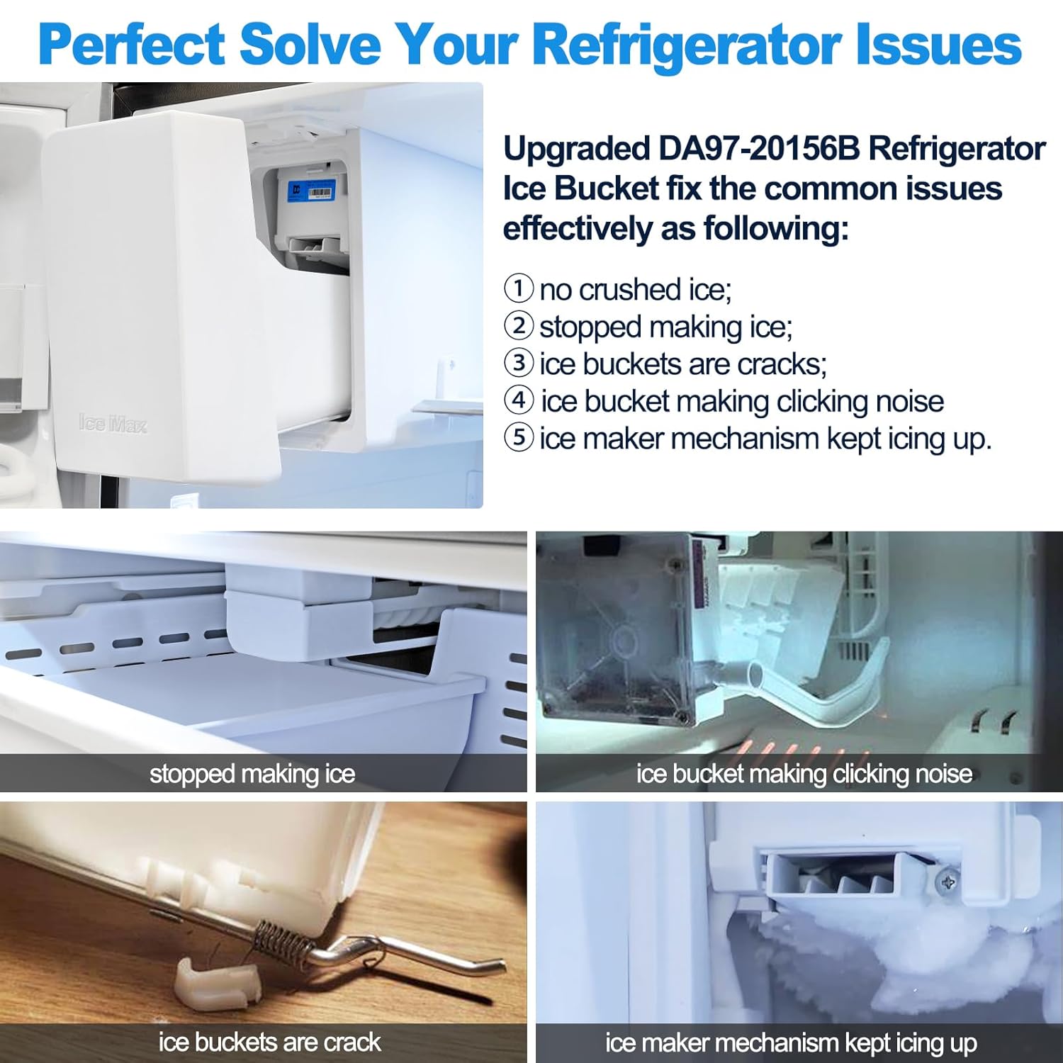 Upgraded DA97-20156B Refrigerator Ice Maker Bucket Compatible with Samsung Ice Bucket Replacement Parts Assy DA97-20156A Tray Ice Bin,RF28HMEDBSR/AA RF27T5201SG RF27T5501SG RF30KMEDBSR Ice Bucket Kit