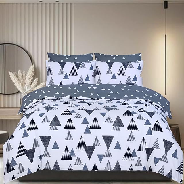 DTEX HOMES 100% Pure Cotton Reversible Printed Duvet Quilt Cover Set, Tri Grey - King