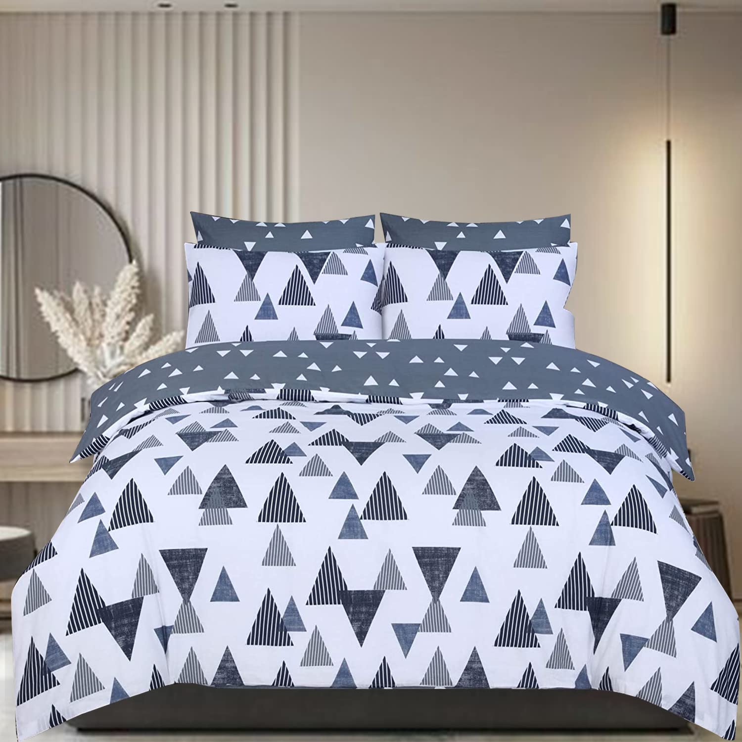 DTEX HOMES100% Pure Cotton Reversible Printed Duvet Quilt Cover Set, Tri Grey - King