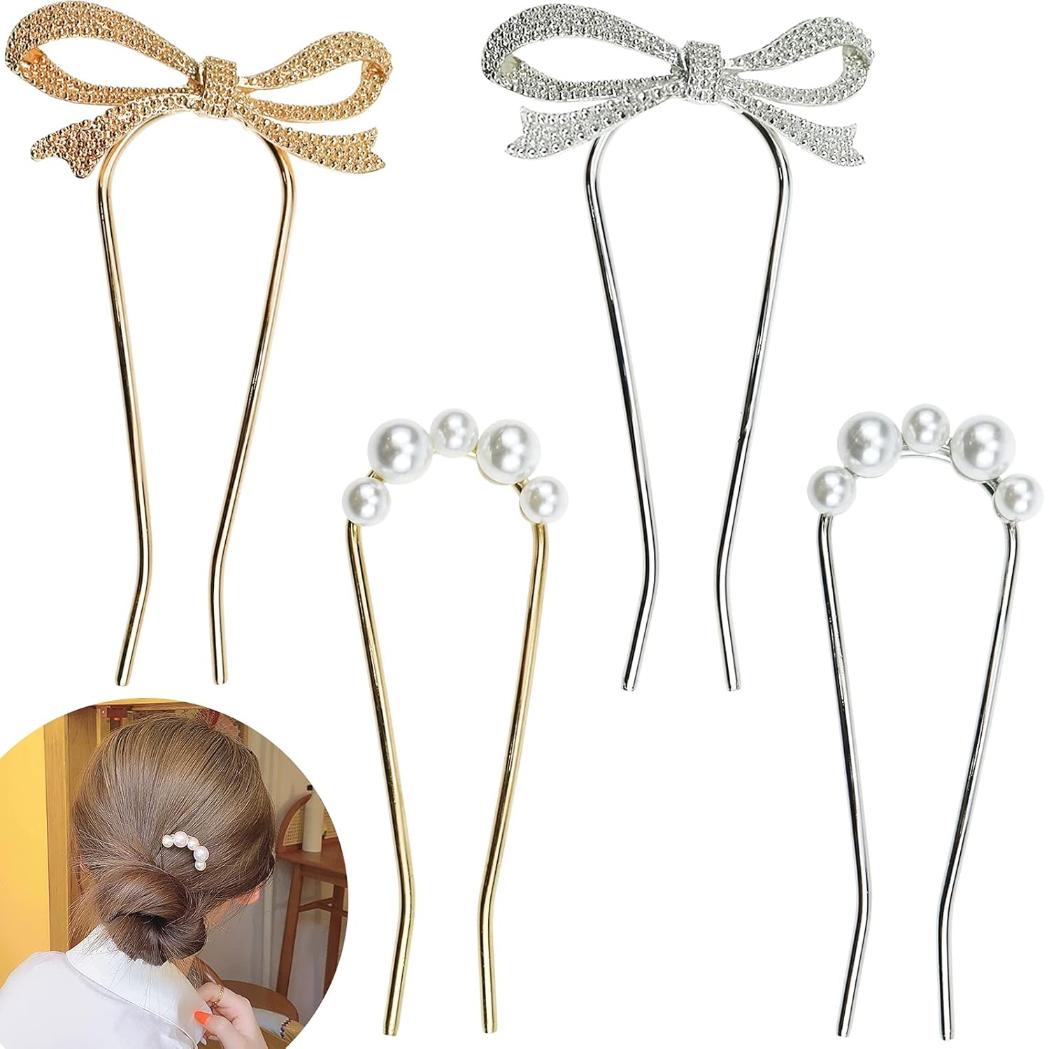 Buy 4 PACK Pearl Rhinestone U Shape Hair Fork Sticks Updo Hair Bun