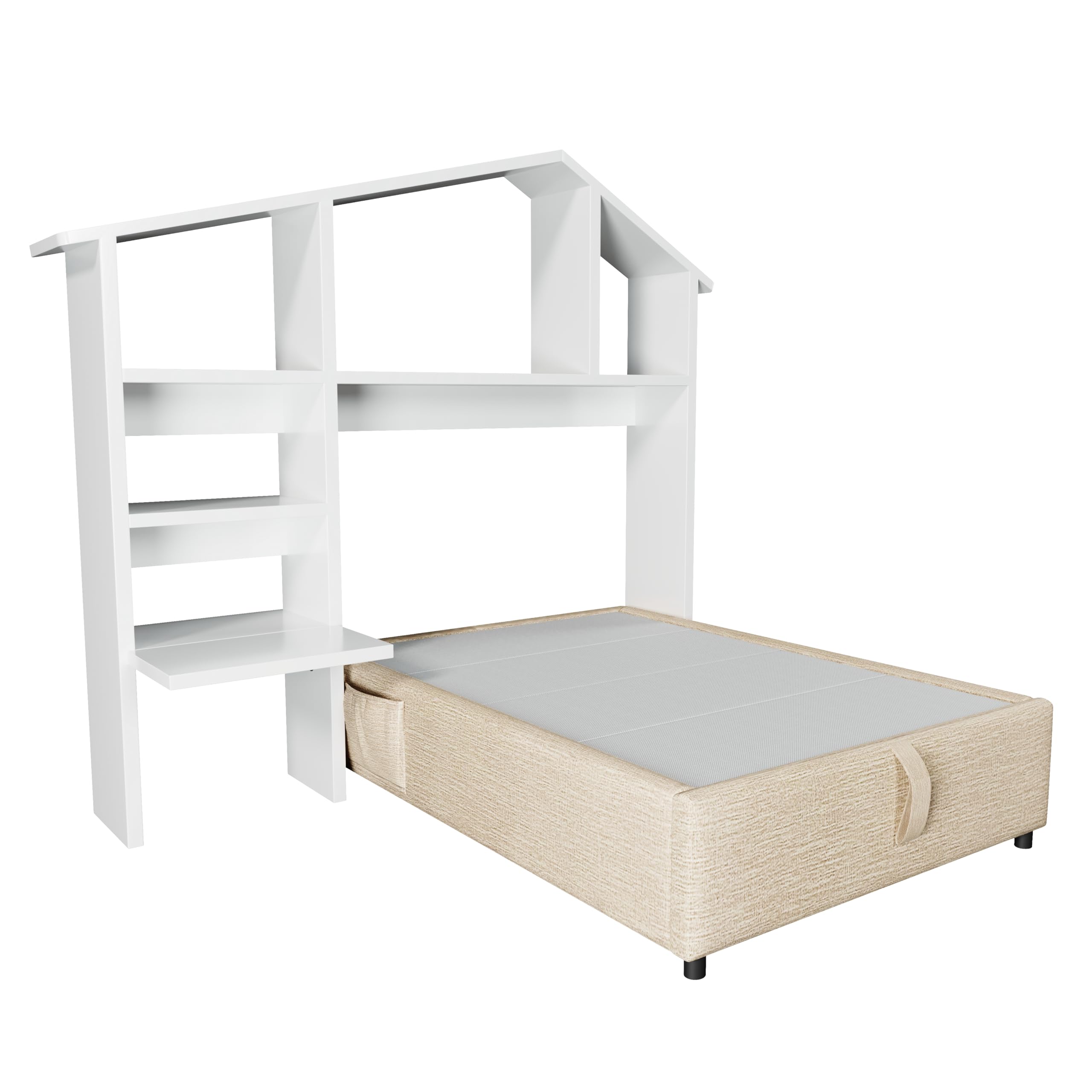 Bett 90x200 mit Bücherregal und USB Type-C-Ladefunktion, Kinderbett Hausbett Polsterbett mit Stauraum & Vollflächiger Lattenrost, Hydraulisch Einzelbett Stauraumbett, Leinen, ohne Matratze, Natürlich