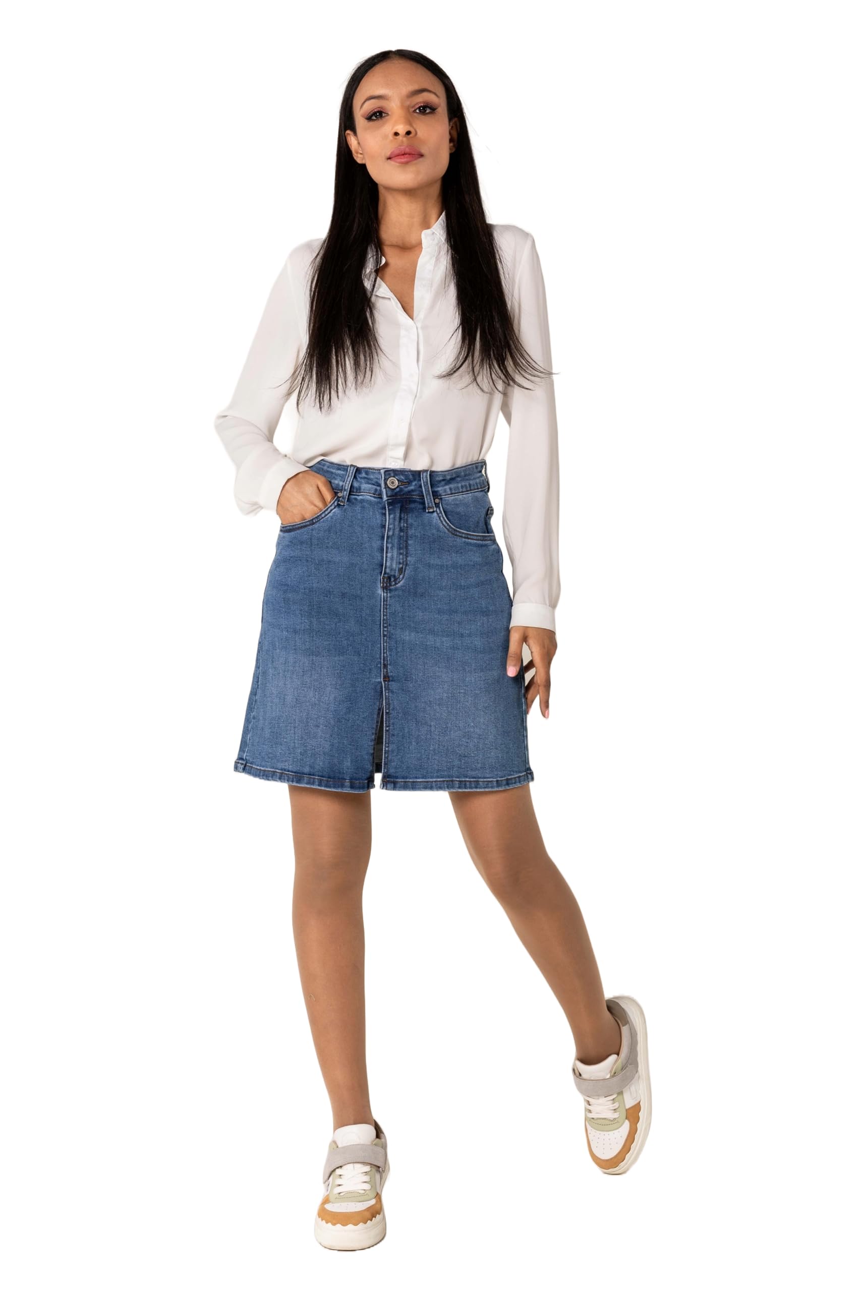 Nina Carter P213 Falda vaquera corta para mujer, con abertura frontal, cremallera elástica, aspecto desgastado