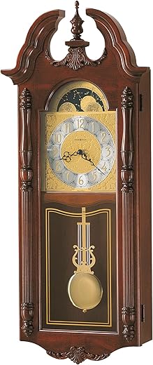 Howard Miller Rowland Wall Clock, Swan Neck Pediment with Wood Finish, Golden Pendulum with Analog Display & Arabic Numerals Dual-Chime Movement Perfect for Home Decor, Living Room & Office