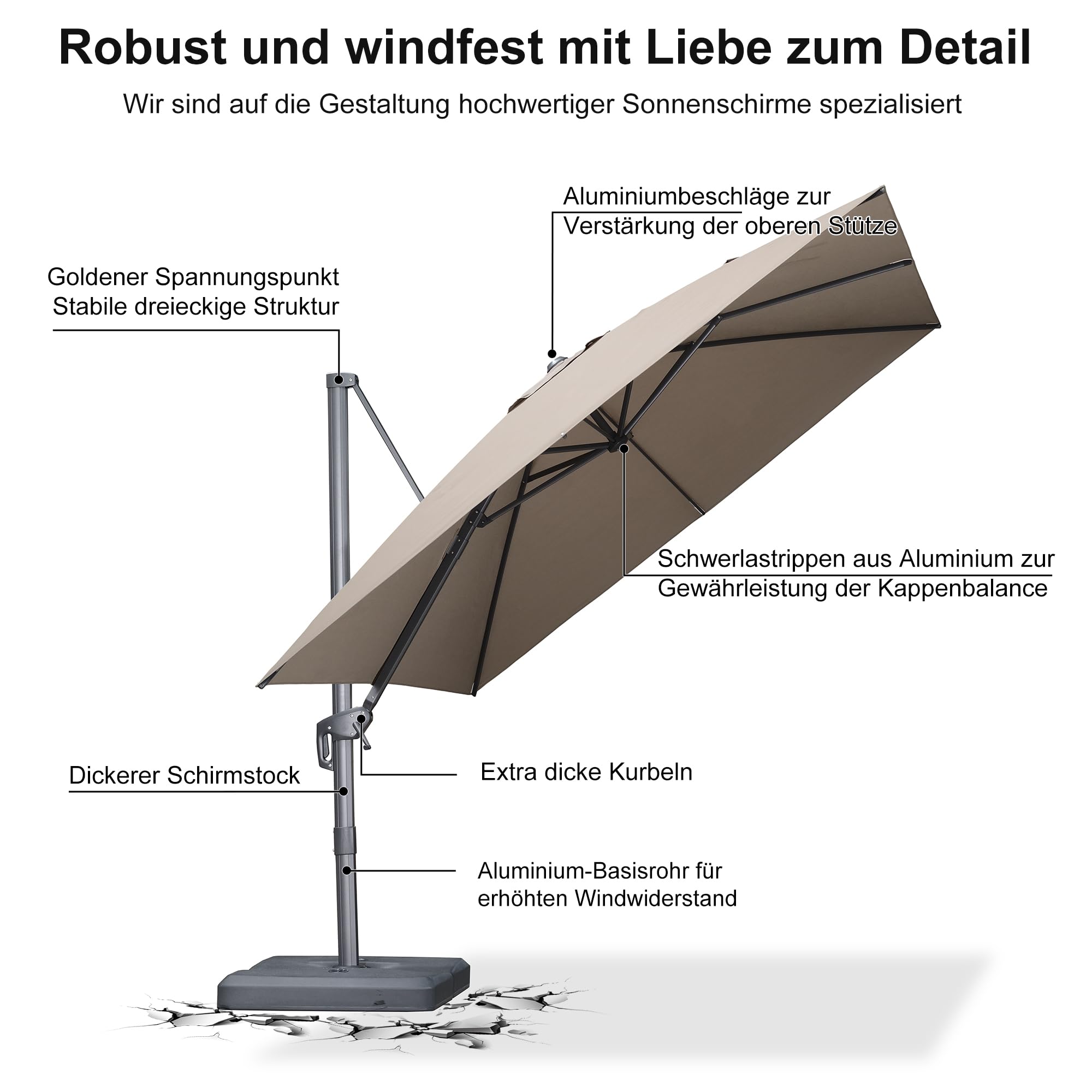 PURPLE LEAF Ampelschirm 300 × 300 cm Alu Acrylimitat UV 50+, Asch Mokka | 360° Drehbar, 6-Fach Neigbar Rundum Schatten, Verstärkter Mast, Leichtgängige Alu-Kurbel, Sonnenschirm Hohe Stabilität Robust