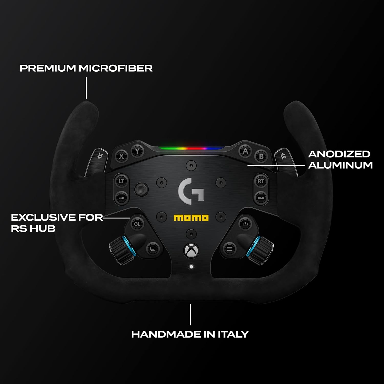 Detailed view of the MOMO Motorsport Pro SIM Racing Wheel, highlighting materials and features