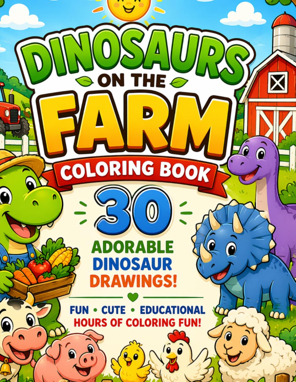 Dinosaur on the farm: 30 Fun and Easy Farm Dinosaur Scenes for Kids Ages 4-8 with Big Bold Lines for Coloring
