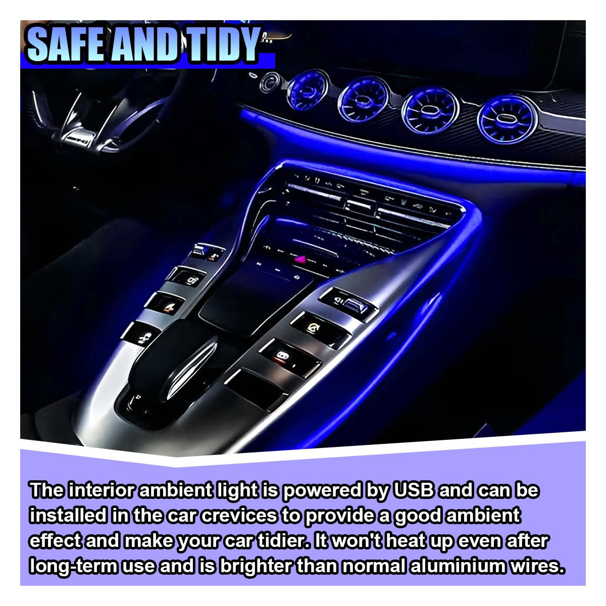 EL Wire Car Interior LED Strip Lights, 5V 16FT Neon Light Strip with Sewing Edge, USB Electroluminescent Car Interior Lights with Fuse Protection, Vehicle Ambient Lighting Decorations (Blue)