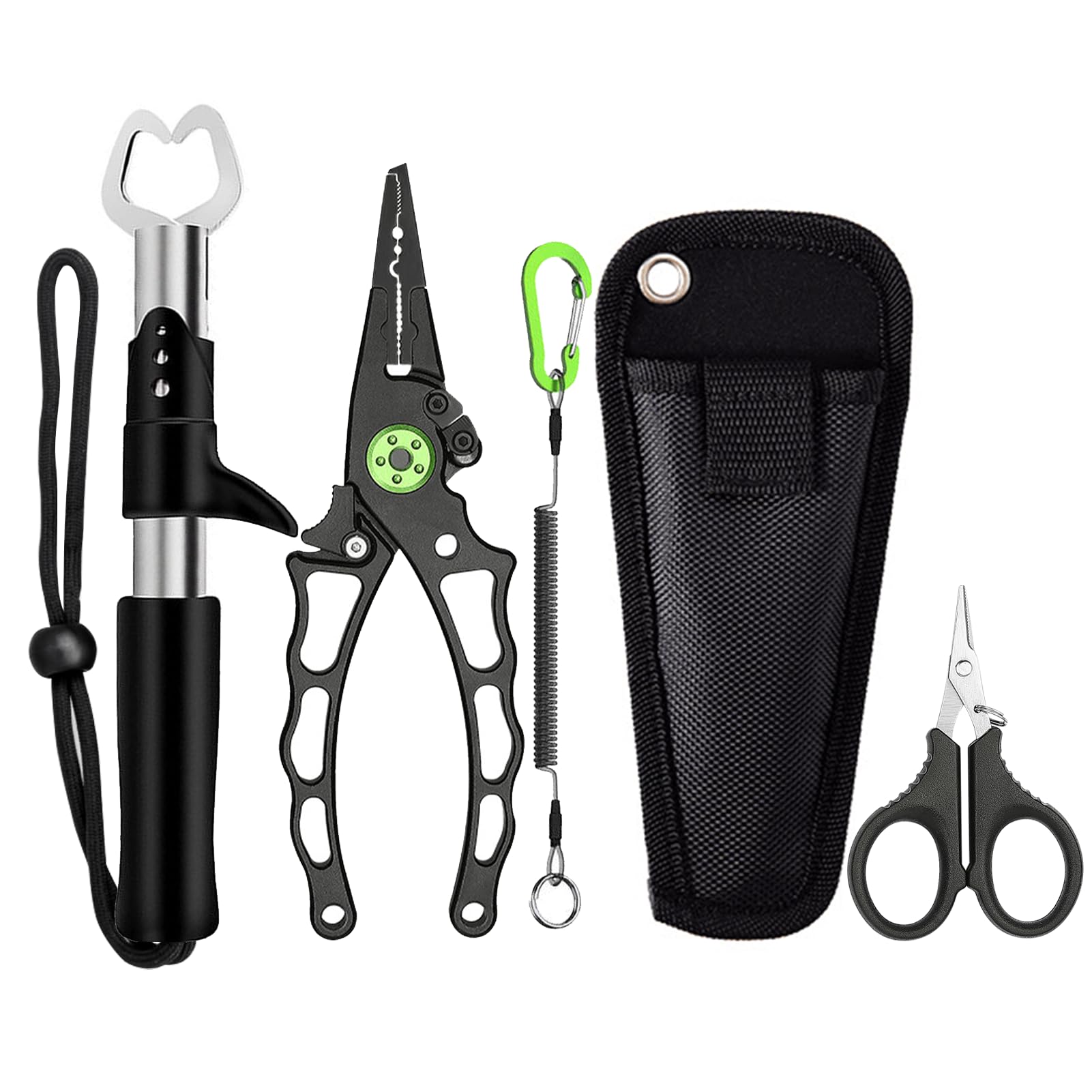 Aluminum Fishing Pliers, 5 Pcs Fishing Tool Kit, Upgraded Muti-Function Hook Remover and Fish Scissors, Fishing Gear, Ice Fishing Gift for Men