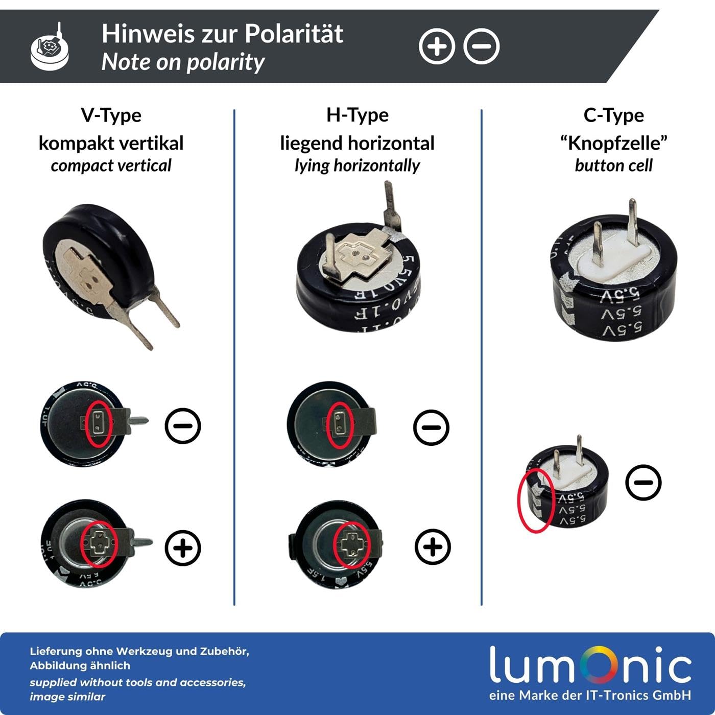 Lumonic Supercap 1,0F 5,5V V-Type EDLC Monoblocco Protezione da sfarfallio Backup PLC Riscaldamento