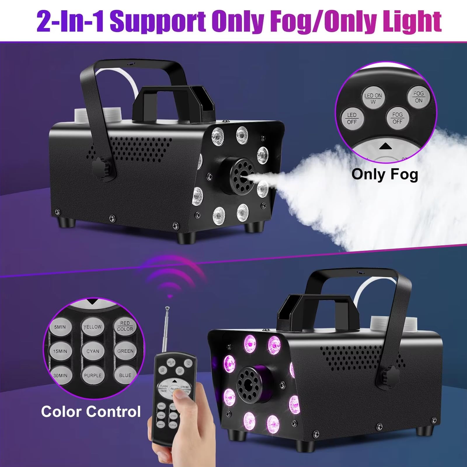 Máquina de humo, máquina de niebla con 8 luces LED con 13 colores y 4 efectos, niebla 2000 CFM 500 W pequeña máquina de niebla con controles remotos inalámbricos, para bodas de Navidad de Halloween