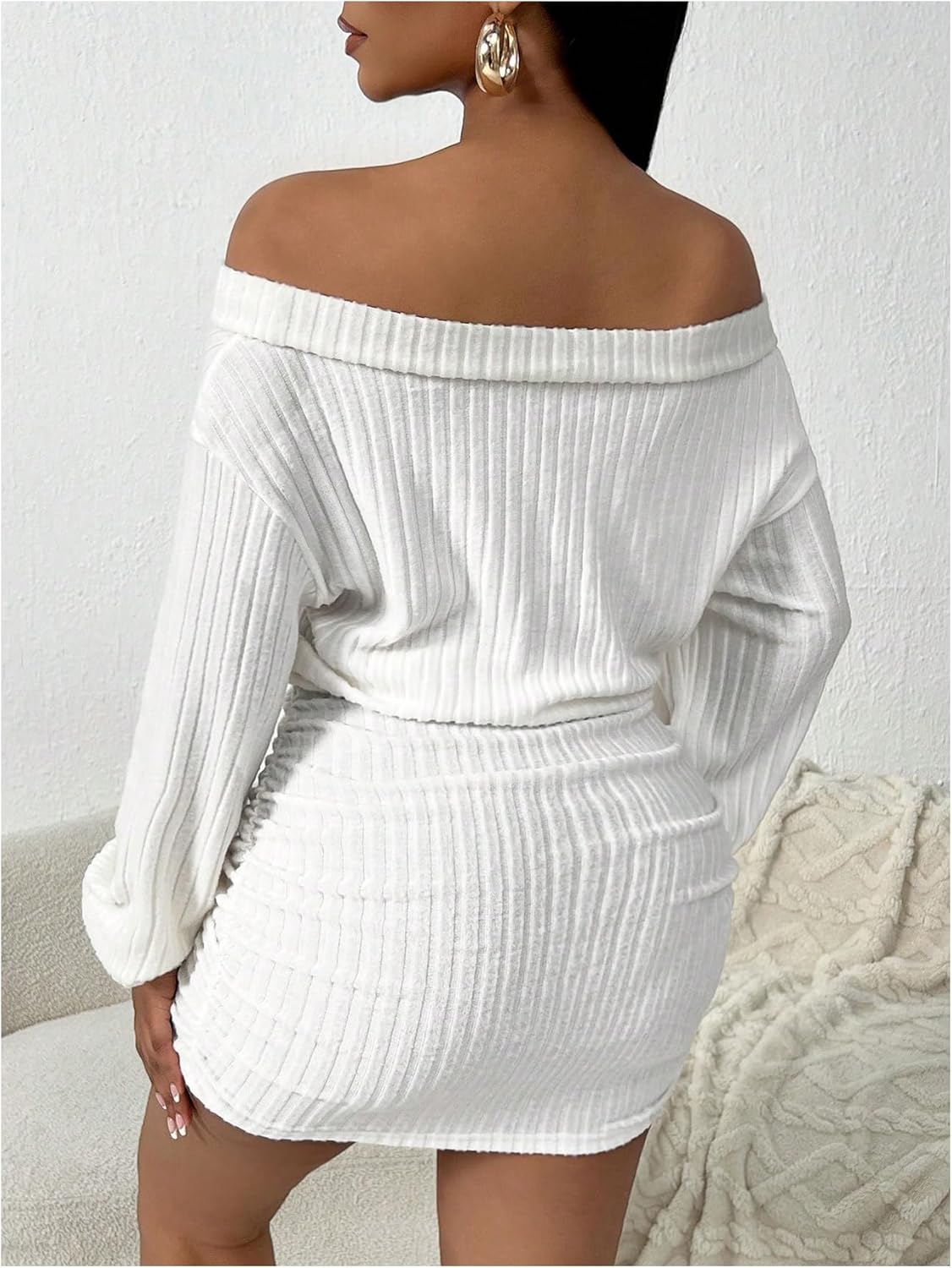 MakeMeChic Women's Fall Off The Shoulder Mini Dress Ruched Long Sleeve Rib Knitted Short Dresses - Image 2