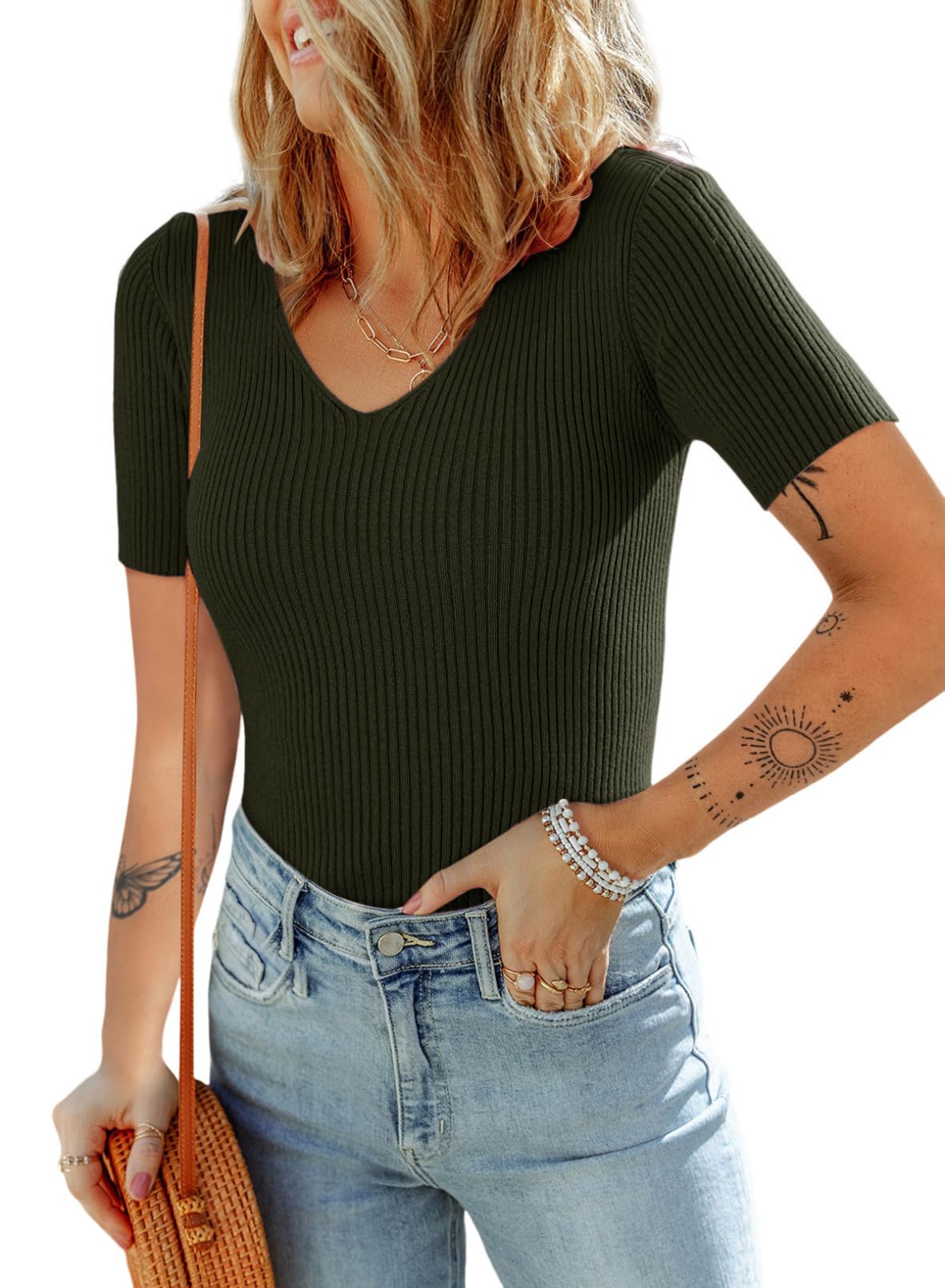 Dokotoo Womens Tops 2024 Summer Short Sleeve Slim Fit V Neck Ribbed Knit Basic Solid Color T Shirts Tees