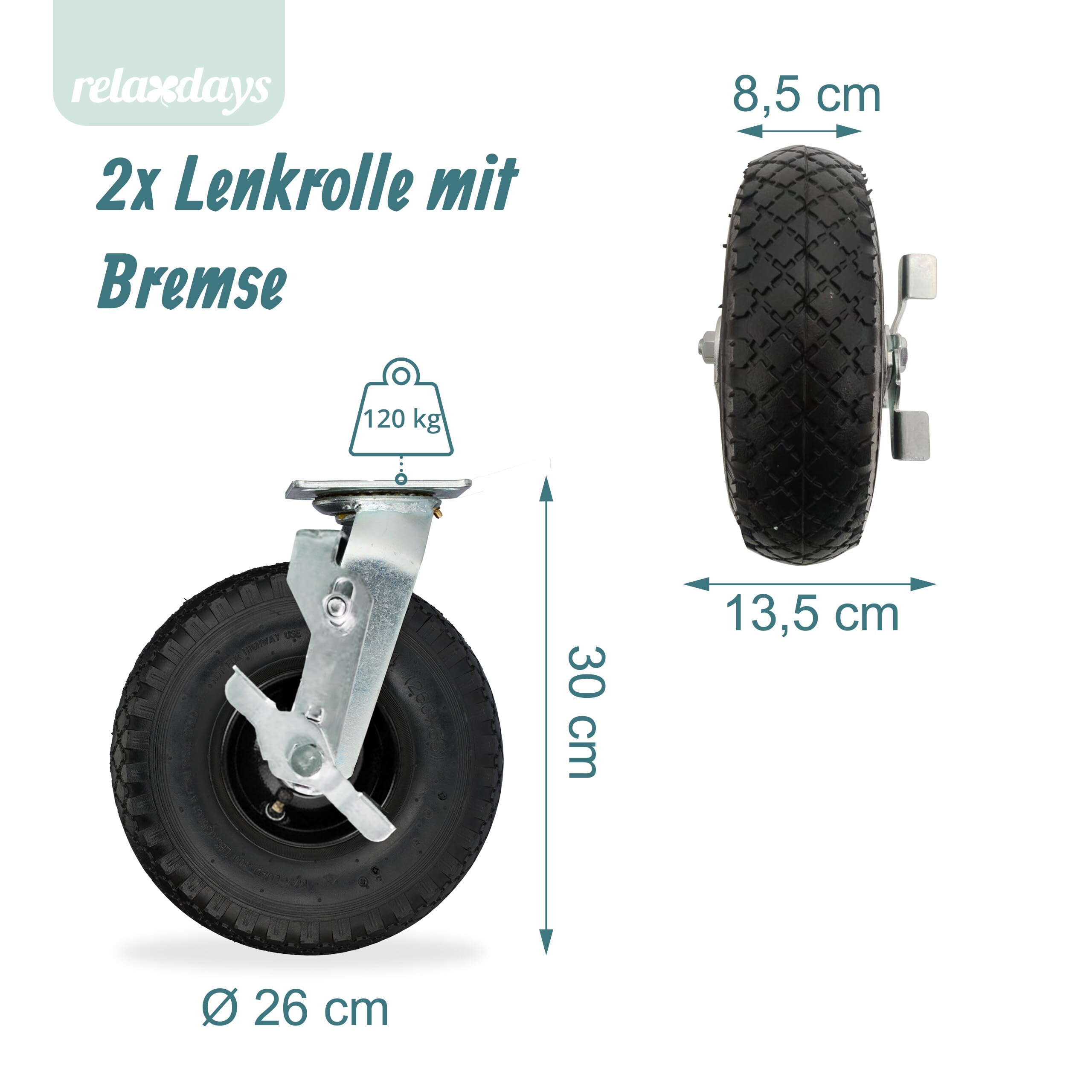 Relaxdays 2X Bockrolle + 2X Lenkrolle Set, luftbereiftes Schwerlastrad, 3.00-4, Transportrollen 120 kg, schwarz/Silber