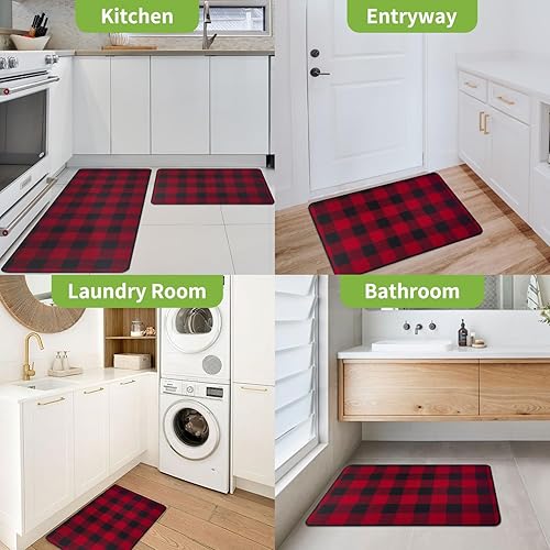 Miniatura 6 de Juego de 2 alfombras a cuadros de búfalo antideslizantes, lavables a máquina, superficie tejida no impresa, de absorción rápida y seca, para cocina,