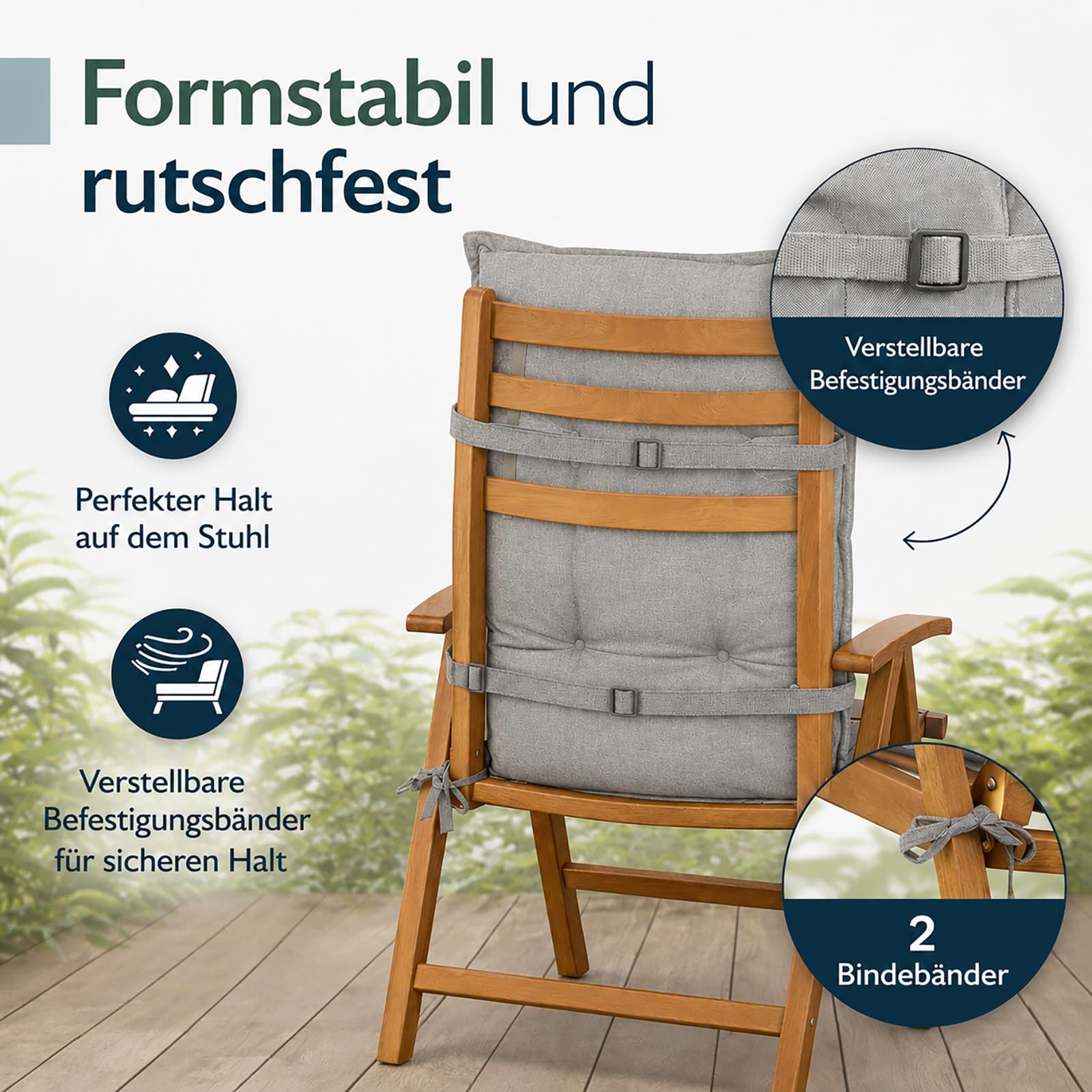BURI 4 cojines para silla de jardín de 117 x 49 x 6 cm, resistente a la intemperie, con núcleo de espuma y vellón completo, cinta de sujeción y lazos, cómodo cojín para silla para balcón, terraza y
