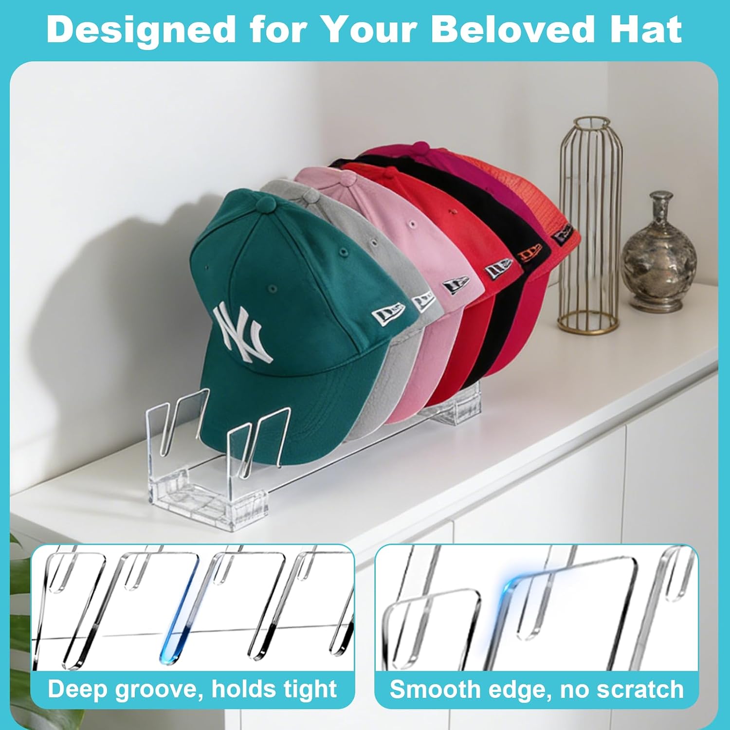 FAMOVELL® 4 Pack Acrylic Hat Organizer for Baseball Caps, Clear Hat Stand for Closet Dresser Bedroom and Shelf - Non-Slip Cap Holder Displays and Holds Up to 28 Tennis or Trucker Hats