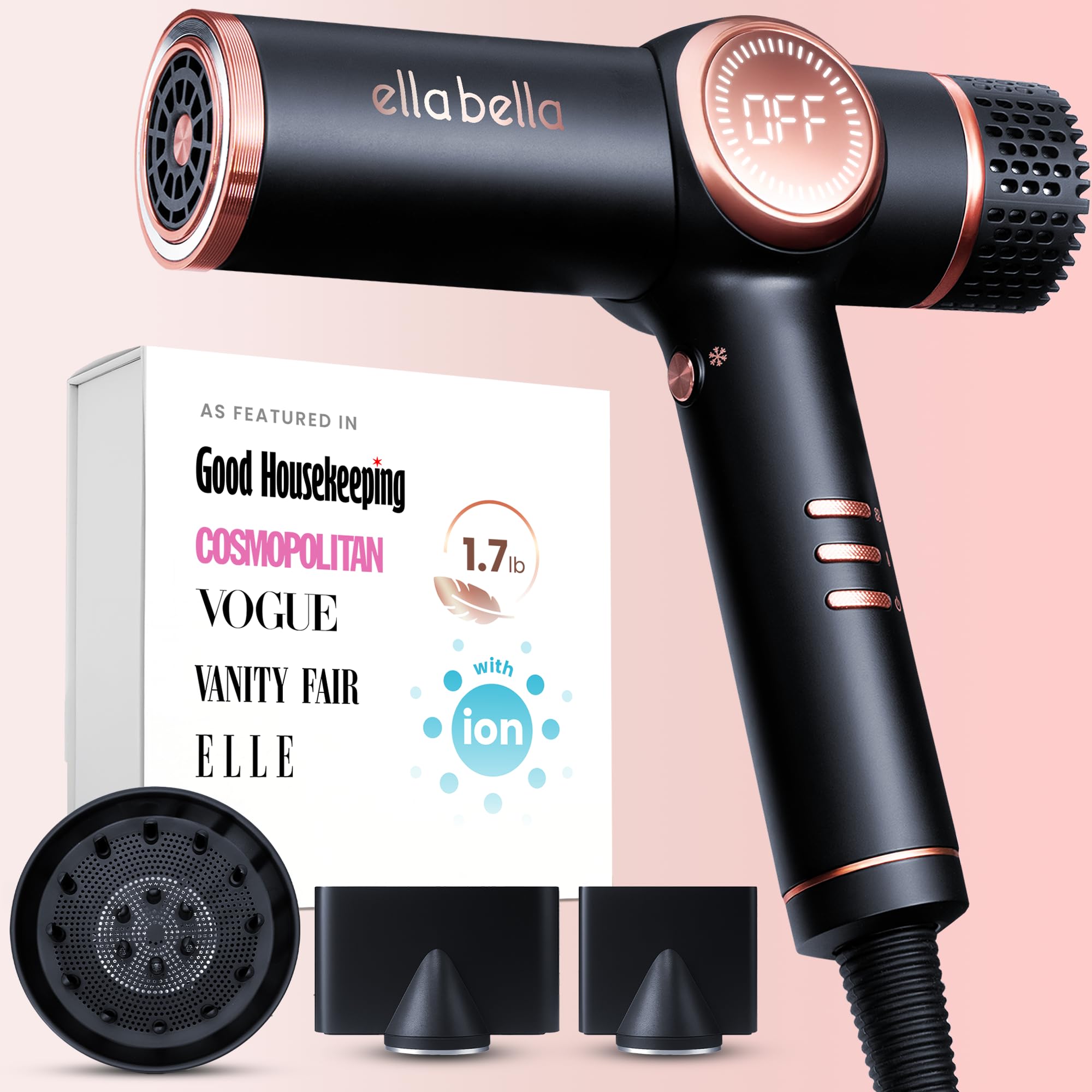 ELLA BELLA® Professional Ionic Hair Dryer with Diffuser • Negative Ion Blow Dryer • Suitable All Hair Types • Intelligent Heat Control & Rapid Drying Speeds • Lightweight Design • Low Noise Technology
