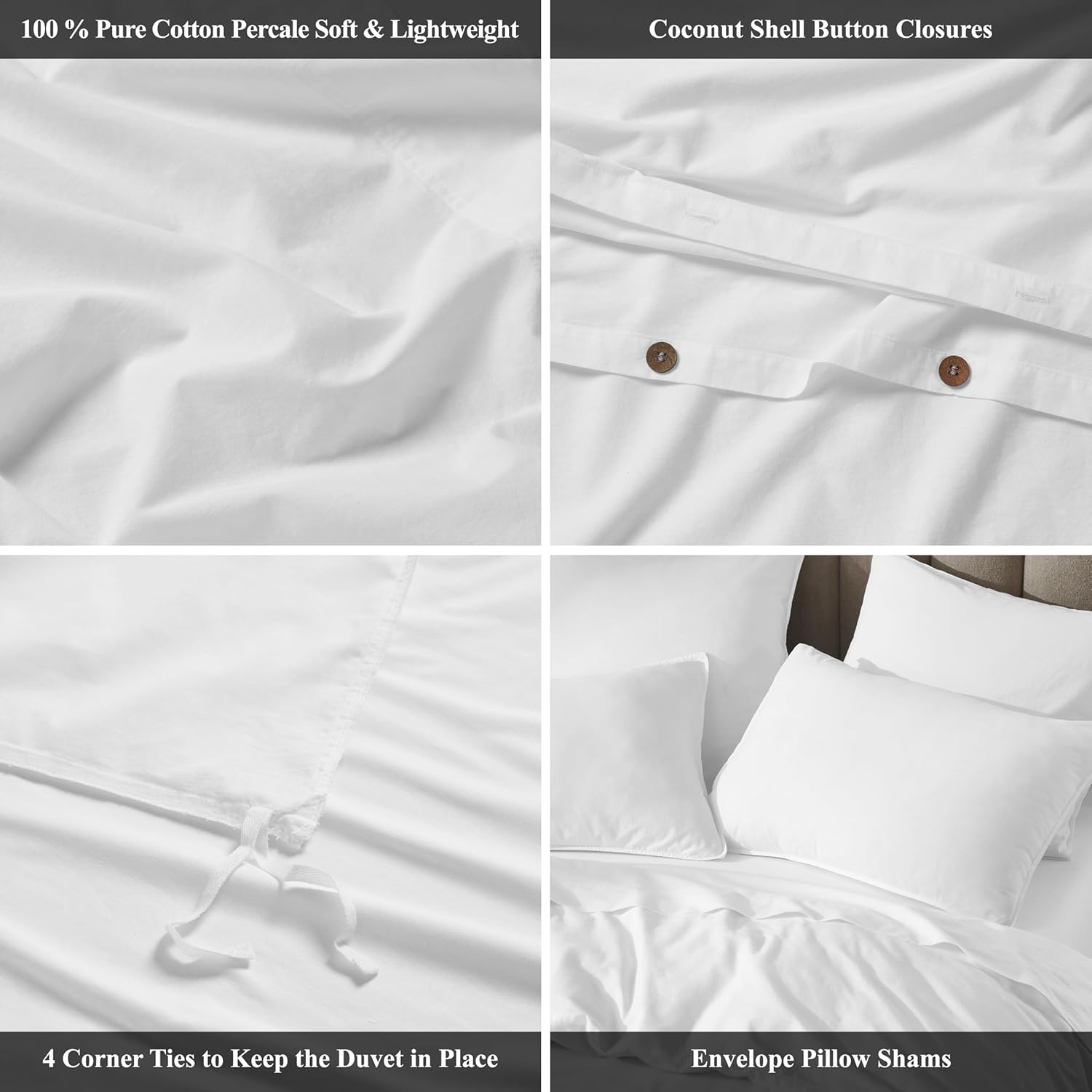 Superior Carmen 100% Cotton Relaxed Vintage Wash Duvet Cover Set, Lightweight Crisp Percale Bedding, Inner Ties, Button Closure, Matching Pillow Shams, Boho Chic Bedroom, Full/Queen, White