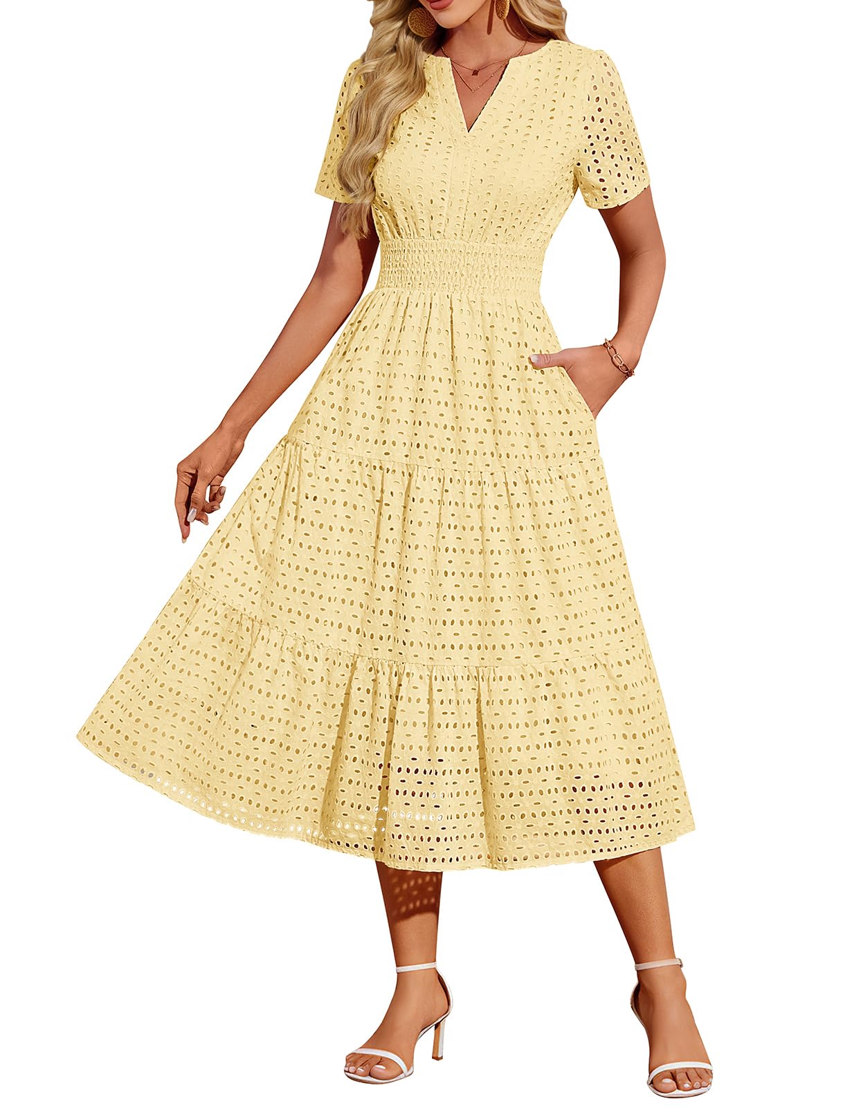 Yusongirl Women's Eyelet Short Sleeve Midi Summer Dress with Pocket Smocked V Ne...
